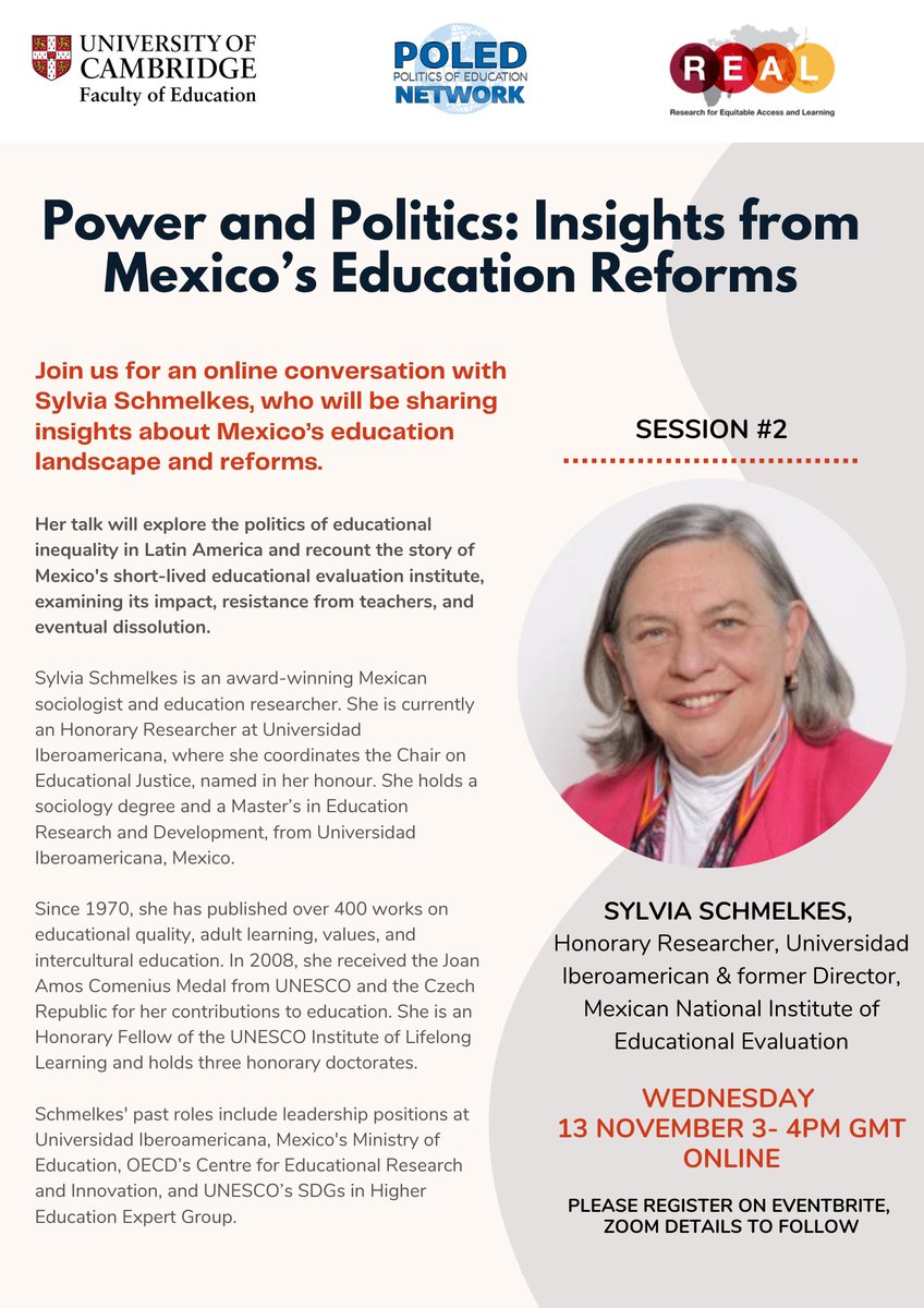 The Politics of Education Network (POLED) (@polednetwork) on Twitter photo Excited to announce our first female speaker for the POLED <a href="/REAL_Centre/">REALCentre Cambridge</a> Seminar Series will be Sylvia Schmelkes, an influential voice for educational equity in Latin America. This promises to be a thought-provoking event. Register here: shorturl.at/tWziK Excited to announce our first female speaker for the POLED <a href="/REAL_Centre/">REALCentre Cambridge</a> Seminar Series will be Sylvia Schmelkes, an influential voice for educational equity in Latin America. This promises to be a thought-provoking event. Register here: shorturl.at/tWziK