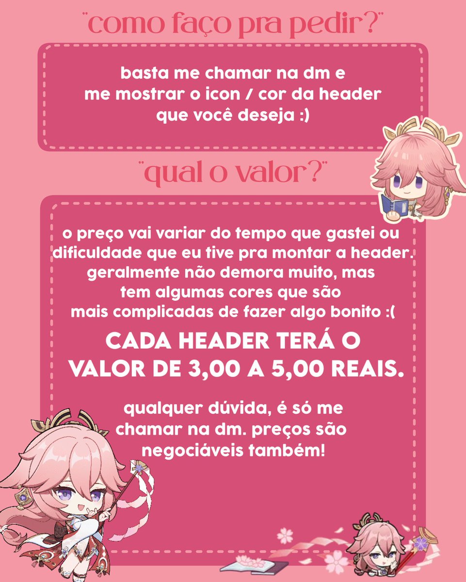 OII PESSOAL ! :D 

pra quem não sabe eu vendo header, e caso se interessem pelo que eu faço, sintam-se a vontade pra me chamar na DM e já pedir a sua!! 
Se puderem ajudar dando rt eu ficaria muito agradecida! 💌