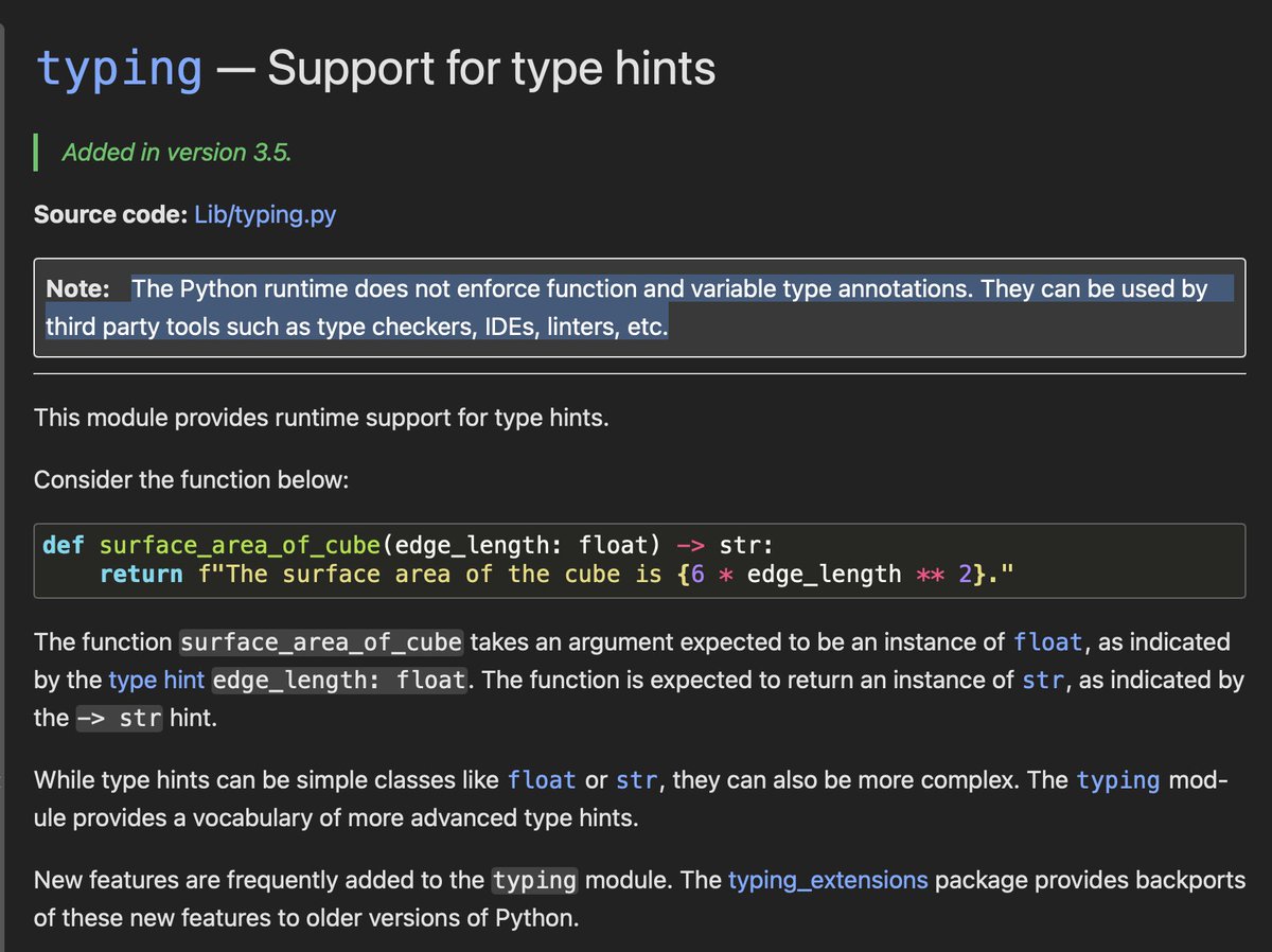 zack_overflow's tweet photo. Python `typing` module is a joke... It doesn’t actually type check?

They implemented half of a type system… and then shipped the unfinished product for people to use?

Why not just actually make it work like a proper type system? https://t.co/oAIUB2kxMv