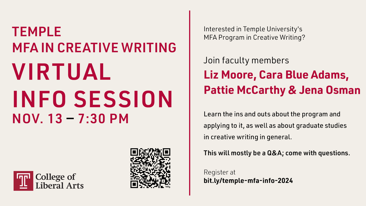 Next Weds, 11/13: Temple's Creative Writing MFA program is hosting a Zoom info session!

Learn about our program and applying to it, as well as about grad studies in creative writing in general. Register at bit.ly/temple-mfa-inf…

#creativewritingmfa #phillyfiction #phillypoetry