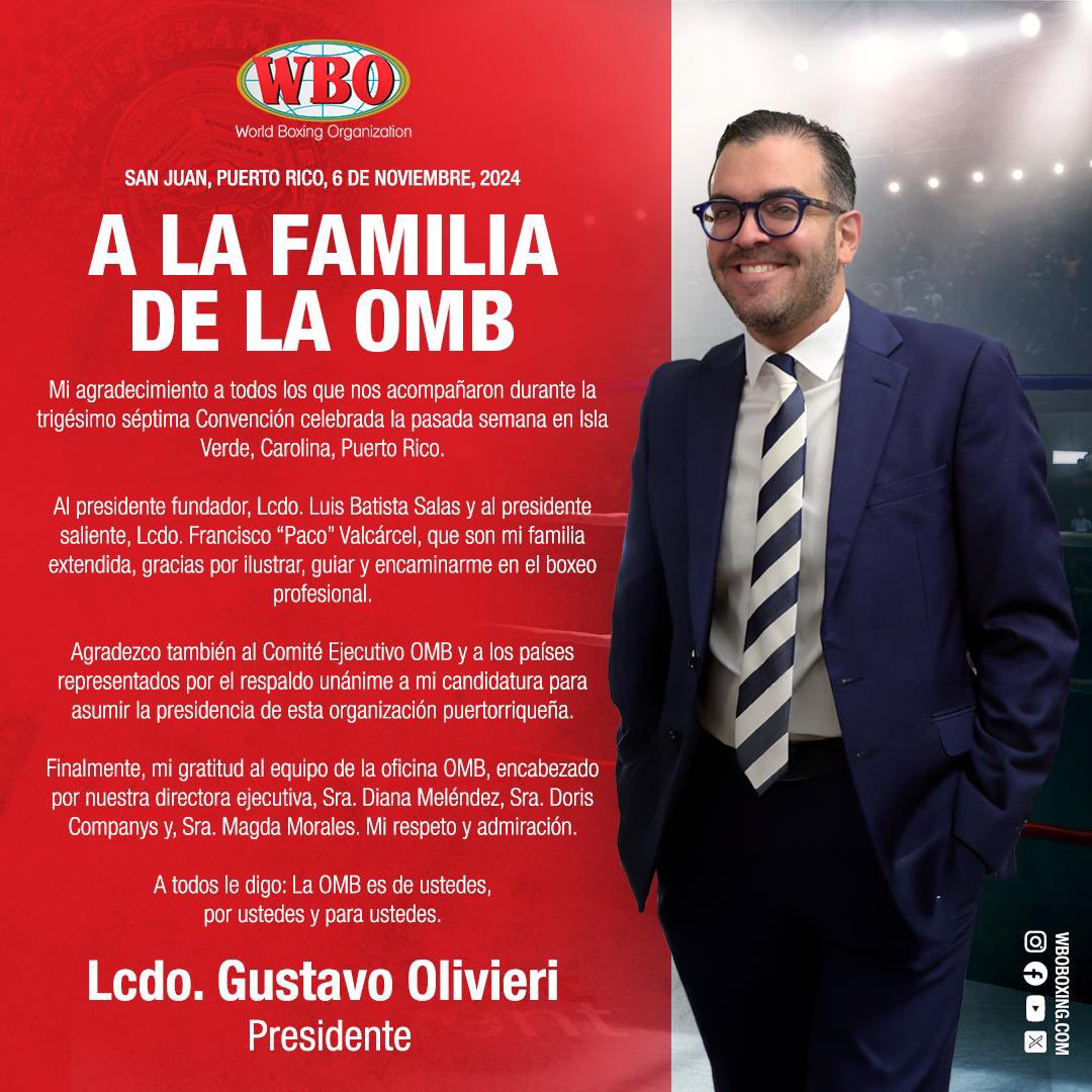 WBO (@worldboxingorg) on Twitter photo To the #WBO family: a message from the new WBO President
A la familia de la #OMB: un mensaje del nuevo presidente de la Organización Munidal de Boxeo <a href="/OlivieriLaw/">Gustavo Olivieri, Esq.</a> To the #WBO family: a message from the new WBO President
A la familia de la #OMB: un mensaje del nuevo presidente de la Organización Munidal de Boxeo <a href="/OlivieriLaw/">Gustavo Olivieri, Esq.</a>