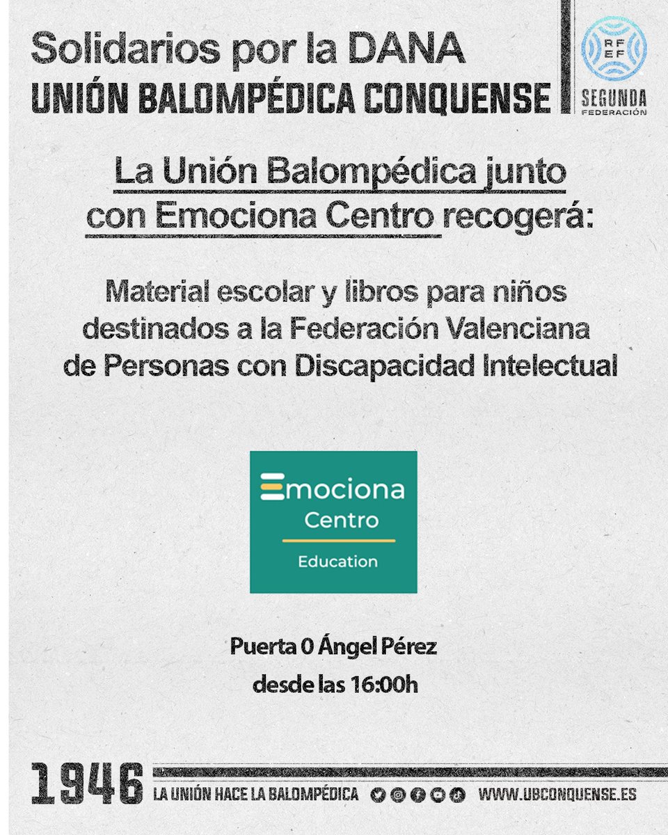 📢 #UBConquense

#Balompédicos el domingo no solo será un derbi emocionante, también será un DERBI SOLIDARIO

-Junto con el <a href="/BdeACuenca/">Banco de alimentos de Cuenca</a> y #EmocionaCentro realizaremos una recogida solidaria para los afectados por la DANA. 

-El Banco de Alimentos de cuenca recuerda que buscan