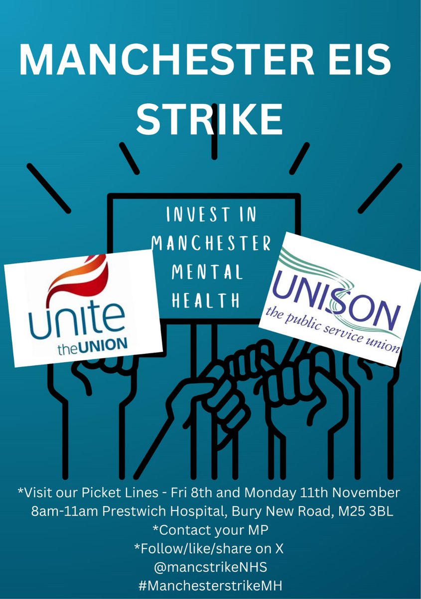 We are out on strike again this Friday 8th and on Monday 11th November ✊
Please support our fight for urgent investment in Manchester Community Mental Health Services!