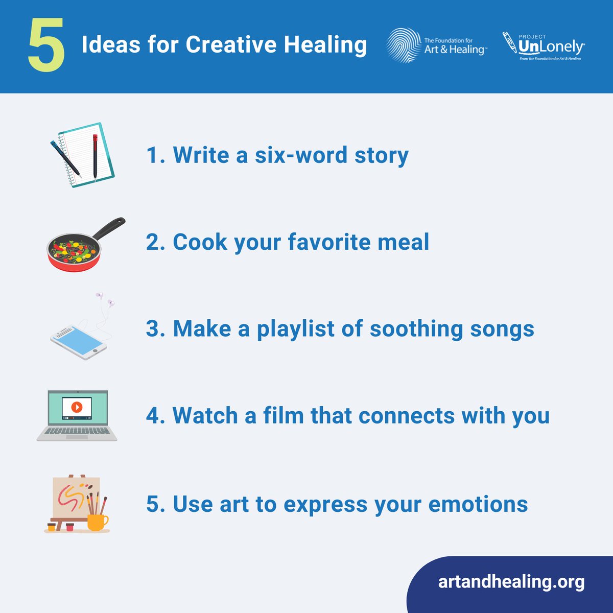 BeUnLonely's tweet photo. Navigating major life changes can be a lonely experience for us all. But creative expression can help us heal and connect. Check out the five ideas below, or visit our website for more resources and activities designed to boost wellbeing: https://t.co/ZcOMGK7GMg https://t.co/UnBBlBlyaA