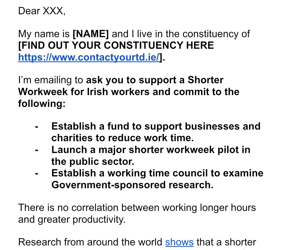 Shortr_workweek's tweet image. Just over 3 weeks before Ireland goes to the polls.

Shorter Workweek needs to be on every party’s agenda.

To get it there, we need your help.

Using the guide in our profile, contact your candidates, let them know how important a shorter workweek is.

#ShorterWorkWeekIreland