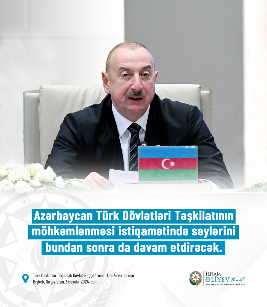 azpresident's tweet photo. Prezident İlham Əliyev: "Azərbaycan Türk Dövlətləri Təşkilatının möhkəmlənməsi istiqamətində səylərini bundan sonra da davam etdirəcək”. https://t.co/s8H84HT9xL