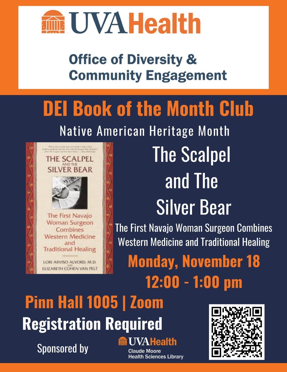 The UVA Health Office of Diversity and Community Engagement &amp; Health Sciences Library hosts the DEI Book of the Month Club.  Brianna Baldwin, a fourth-year at the UVA School of Medicine and member of the Dine Navajo Nation, will facilitate a discussion. buff.ly/3NX6Fta