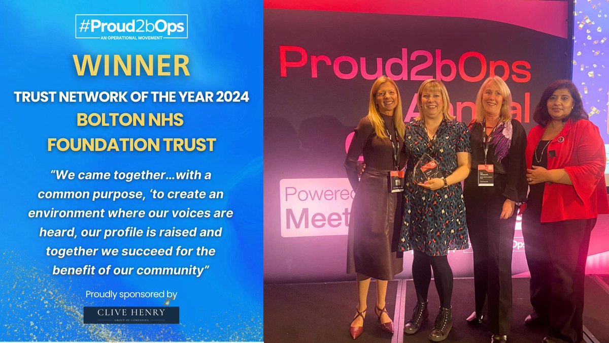 Proud2bOps - National Network (@proud2bops) on Twitter photo The winner of Trust Network of the Year 2024, sponsored by Clive Henry Group is...
🏆<a href="/boltonnhsft/">Bolton NHS Foundation Trust</a> 🎉
Congratulations!
#Proud2bOps The winner of Trust Network of the Year 2024, sponsored by Clive Henry Group is...
🏆<a href="/boltonnhsft/">Bolton NHS Foundation Trust</a> 🎉
Congratulations!
#Proud2bOps