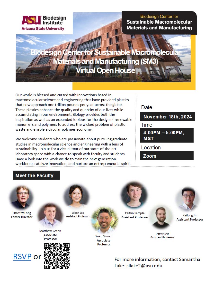 Center for Sustainable Macromolecular Materials (@sm3asu) on Twitter photo 📢Don't miss our upcoming virtual open house!
📅November 18th
⌚4:00 PM - 5:00 PM MST
For more information, contact Samantha Lake at sllake2@asu.edu 📢Don't miss our upcoming virtual open house!
📅November 18th
⌚4:00 PM - 5:00 PM MST
For more information, contact Samantha Lake at sllake2@asu.edu