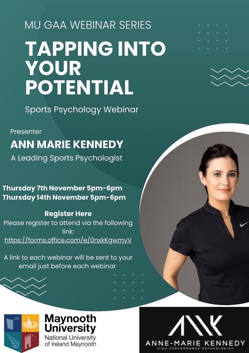 Maynooth Uni GAA (@maynoothunigaa) on Twitter photo MUGAA High Performance
November Webinar Series
Webinar 1: Tapping into your potential Sports Psychology Webinar with <a href="/SportPsych_AMK/">Anne-Marie Kennedy, C.Psychol., Ps.S.I.</a>
<a href="/MaynoothUniGAA/">Maynooth Uni GAA</a> members can register to attend via
forms.office.com/e/0nxkKgwmyV MUGAA High Performance
November Webinar Series
Webinar 1: Tapping into your potential Sports Psychology Webinar with <a href="/SportPsych_AMK/">Anne-Marie Kennedy, C.Psychol., Ps.S.I.</a>
<a href="/MaynoothUniGAA/">Maynooth Uni GAA</a> members can register to attend via
forms.office.com/e/0nxkKgwmyV