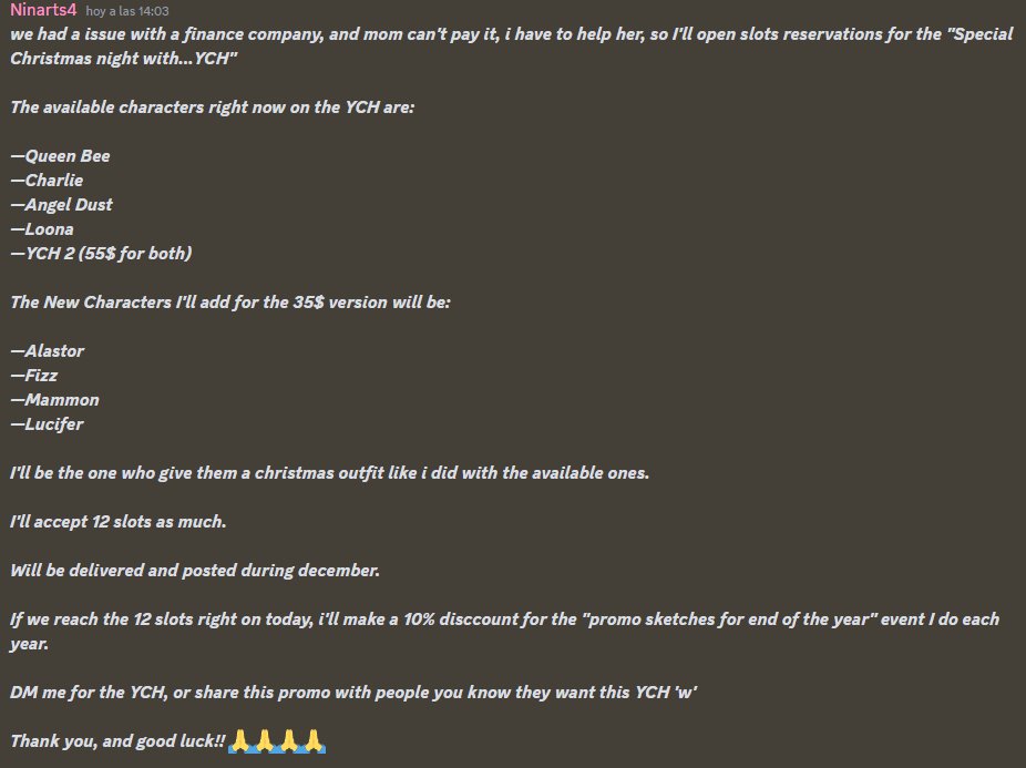 Ninarts4's tweet photo. Please read and help! 🙏🏻🙏🏻🙏🏻

#HazbinHotel #HelluvaBoss #Loona #Helluvabossqueenbee #HazbinHotelAngelDust #hazbinhotelcharlie #CharlieMorningstar #angeldust #ChristmasIsComming #YCH https://t.co/p7dp4nHhrT