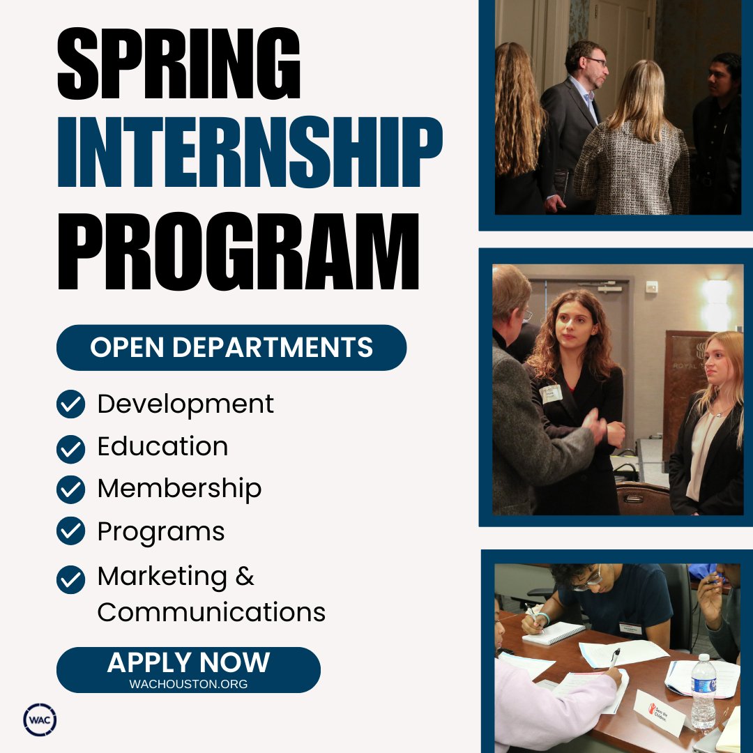 WACHouston's tweet image. Ready to kickstart your career in global affairs? 

Apply for a Spring Internship with the World Affairs Council of Greater Houston. Apply today at wachouston.org/internships 👈

 #HoustonInternships #SpringInternship #UndergradInternship #GraduateInternships