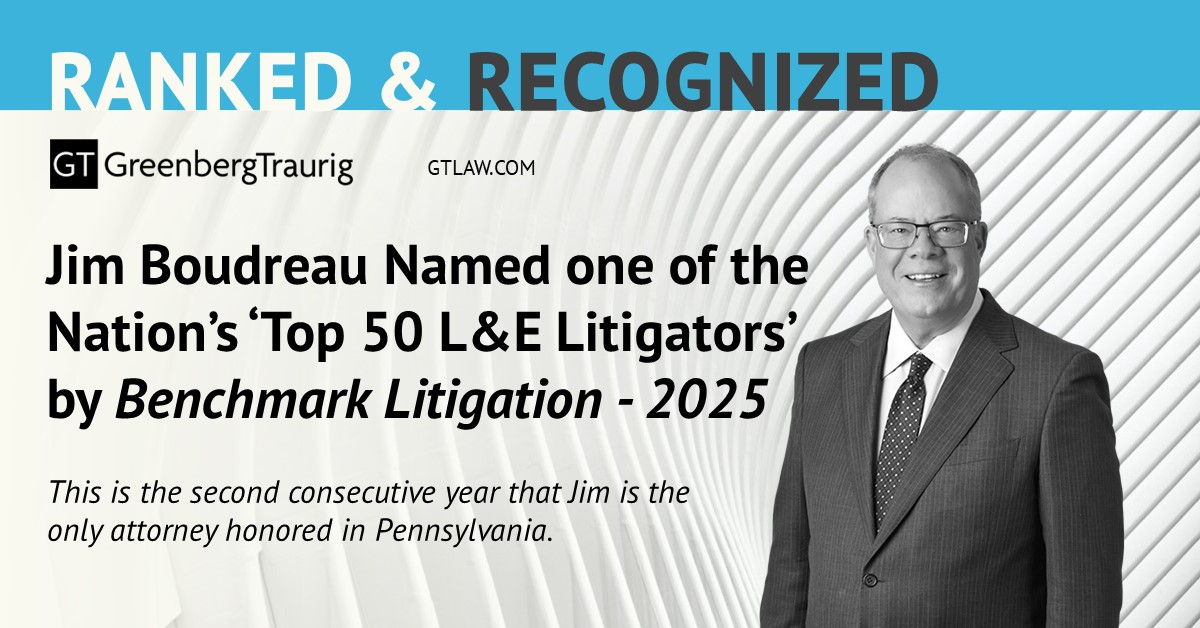 GT_Law's tweet image. GT Labor &amp;amp; Employment Practice Global Co-Chair Jim Boudreau was recognized on @BenchLitigation 2025 “Top 50 Labor &amp;amp; Employment Litigators” list for the second consecutive year. 

More: gtlaw.com/en/news/2024/1….

#GTNews #LegalAwards #BenchmarkLitigation #LaborandEmployment