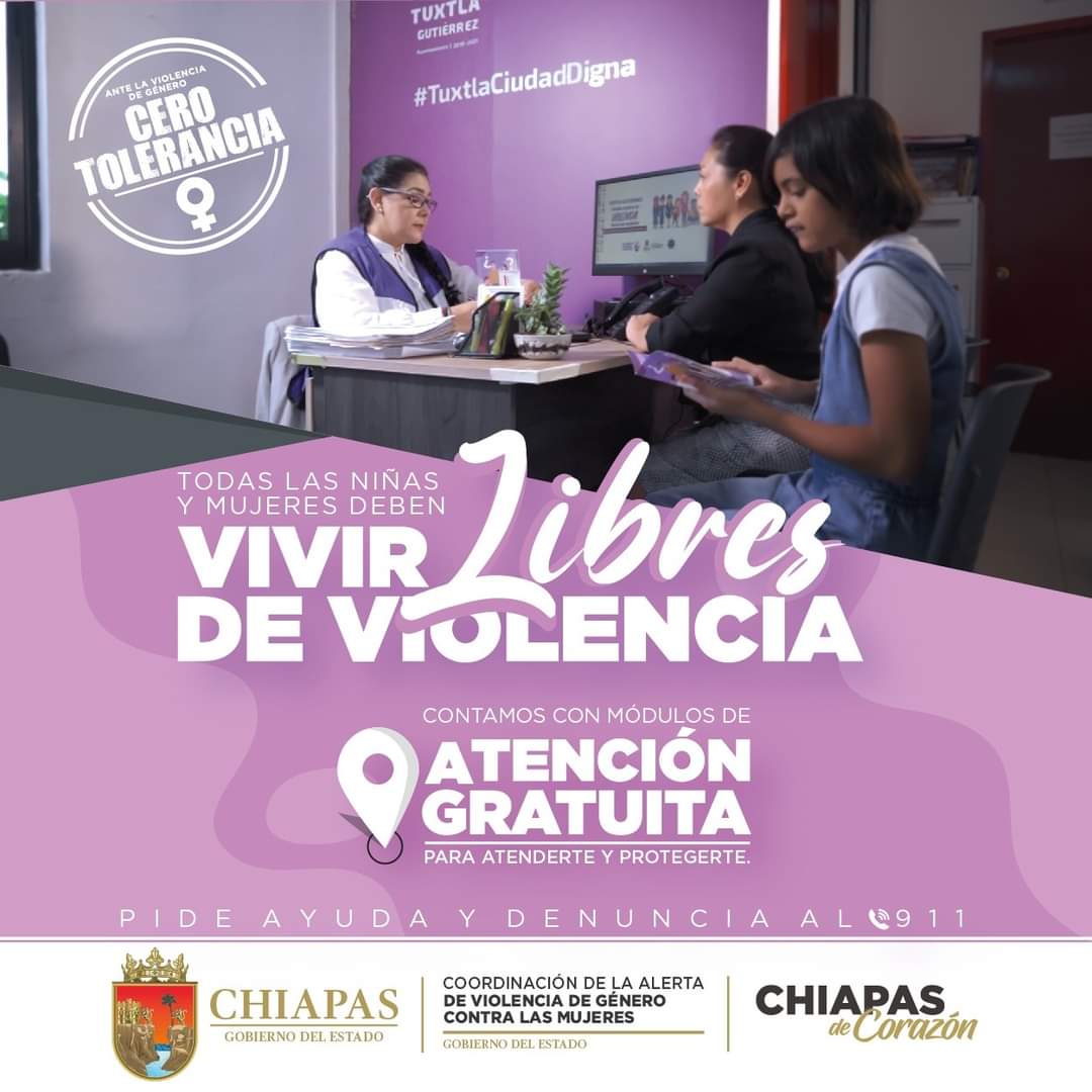 Recuerda, en el Gobierno de Chiapas la Violencia contra las mujeres y niñas se previene, se atiende y se sanciona. Si tu integridad o tus derechos están siendo violentados, pide ayuda y llama al #911.
¡Ante la Violencia de Género, #CeroTolerancia! 
#AVGMChiapas #AltoALaViolencia
