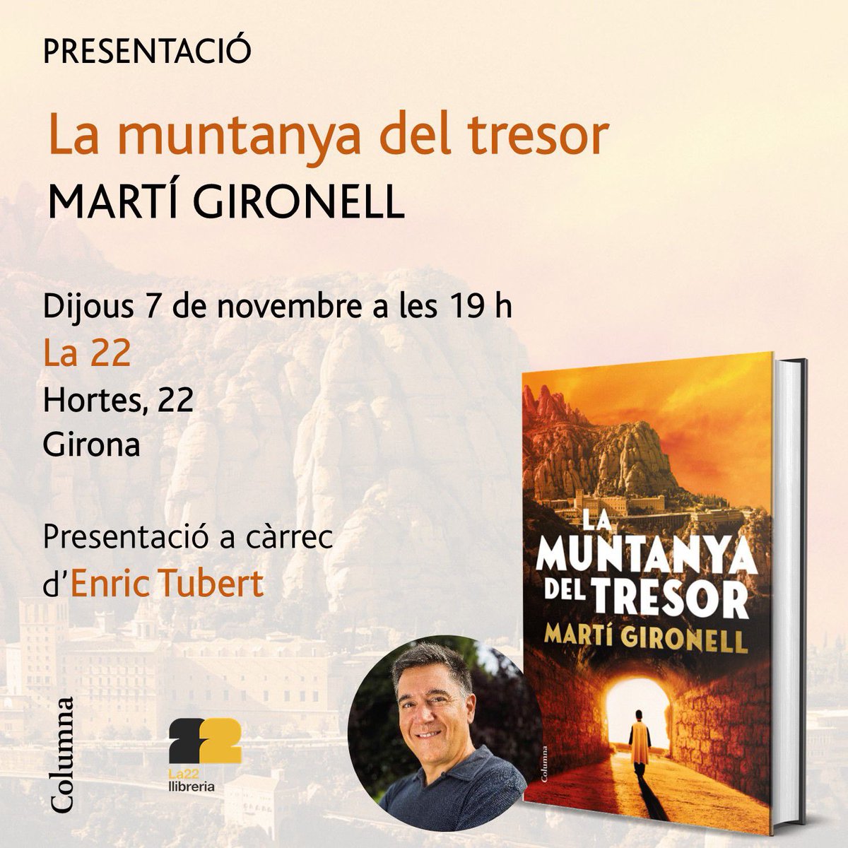 Demà! 📚🎉

Dijous, 
7 de novembre 
a les 19h,

es presenta 
‘La muntanya del tresor’ 📙
de <a href="/martigironell/">Martí Gironell</a> 

a la
<a href="/LLIBRERIA22/">LLIBRERIA 22</a> ‼️📚

🔻