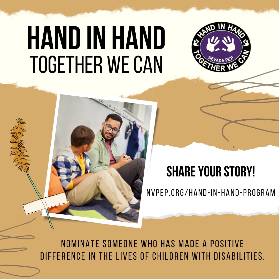 NevadaPEP's tweet image. Has someone made a difference in the life of your child with disabilities? 🥰 Give thanks by nominating them for a Hand-in-Hand story in Nevada PEP’s annual yearbook! nvpep.org/hand-in-hand-p…

#disabilityadvocate #specialeducationteacher #childhooddisability #InclusiveEducation