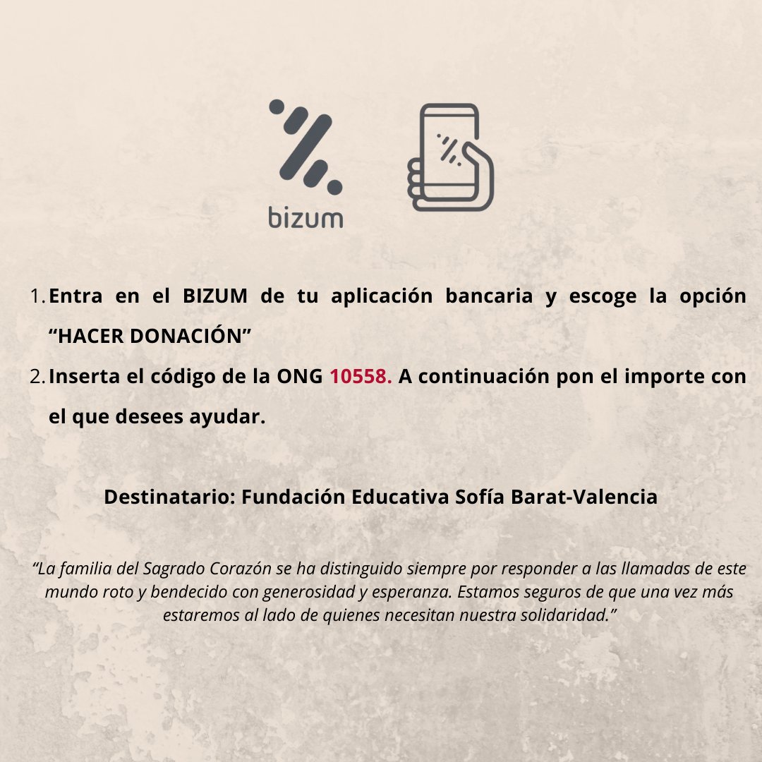🔴CAMPAÑA SOLIDARIA FESB🔴
Todas las personas que quieran colaborar, pueden enviar su donativo a través del siguiente número de bizum: 10558.
El destinatario es la Fundación Educativa Sofía Barat-Valencia.