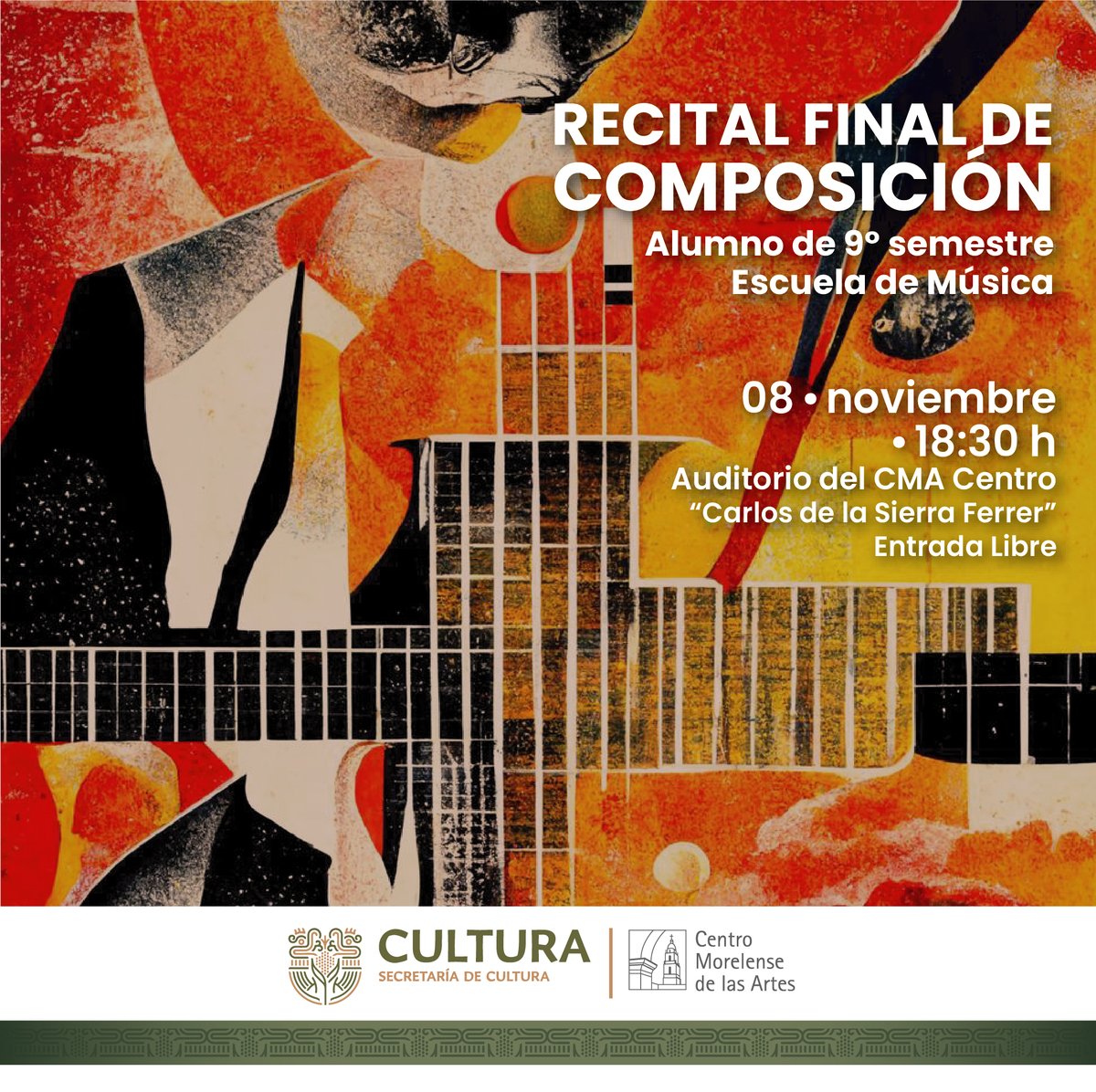 La escuela de #música del CMA invita al:
Recital final de Composición 📷📷📷
08 de noviembre | 18:30 h #Morelos #Cultura #Musica
