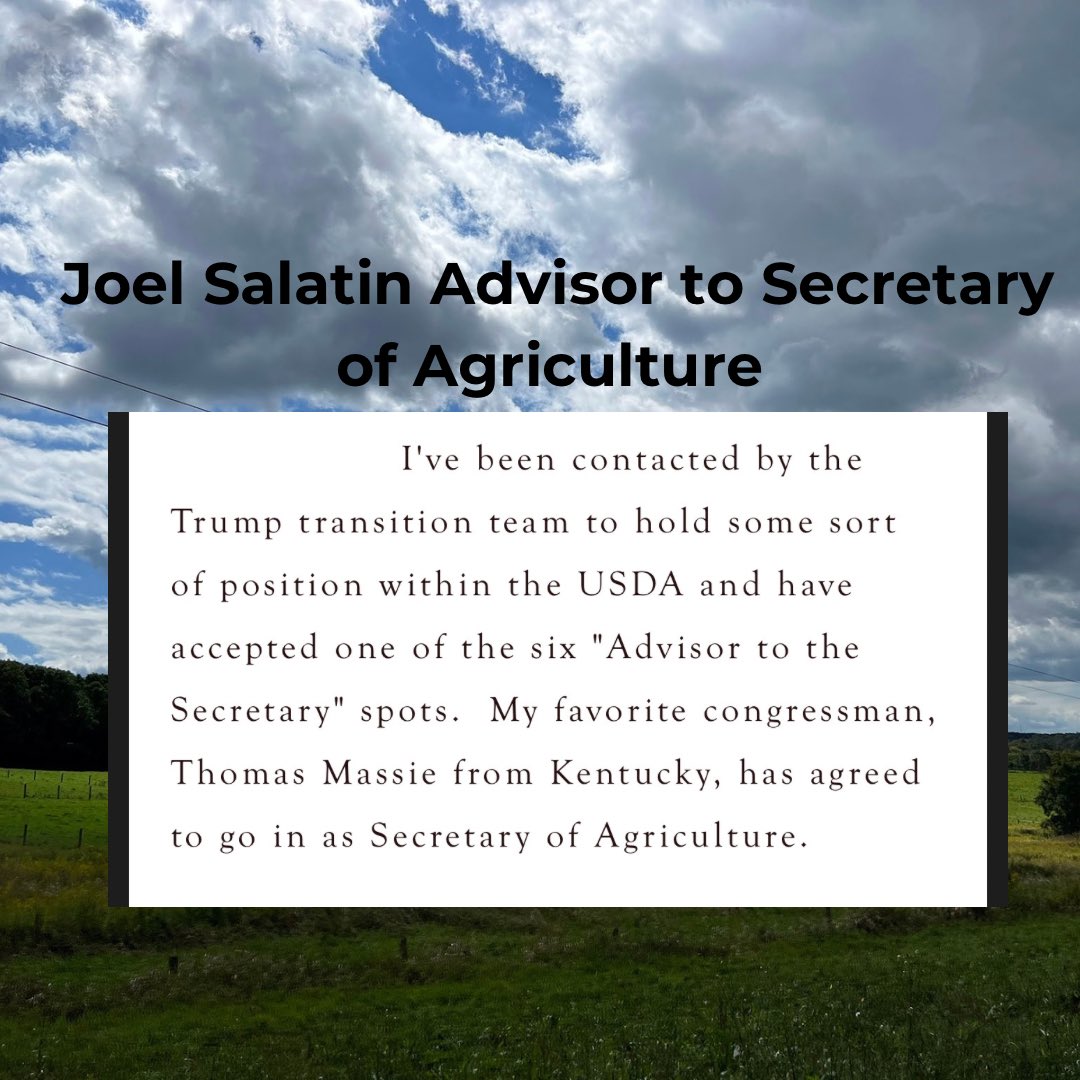 _Regenaissance's tweet image. BREAKING NEWS: per his website, Joel Salatin has been contacted and agreed to be one of six advisors to the Secretary of Agriculture, who will be @RepThomasMassie 

Are ya’ll awake now?! THIS IS HUGE

One of the legendary pioneers in the regenerative agriculture movement working…