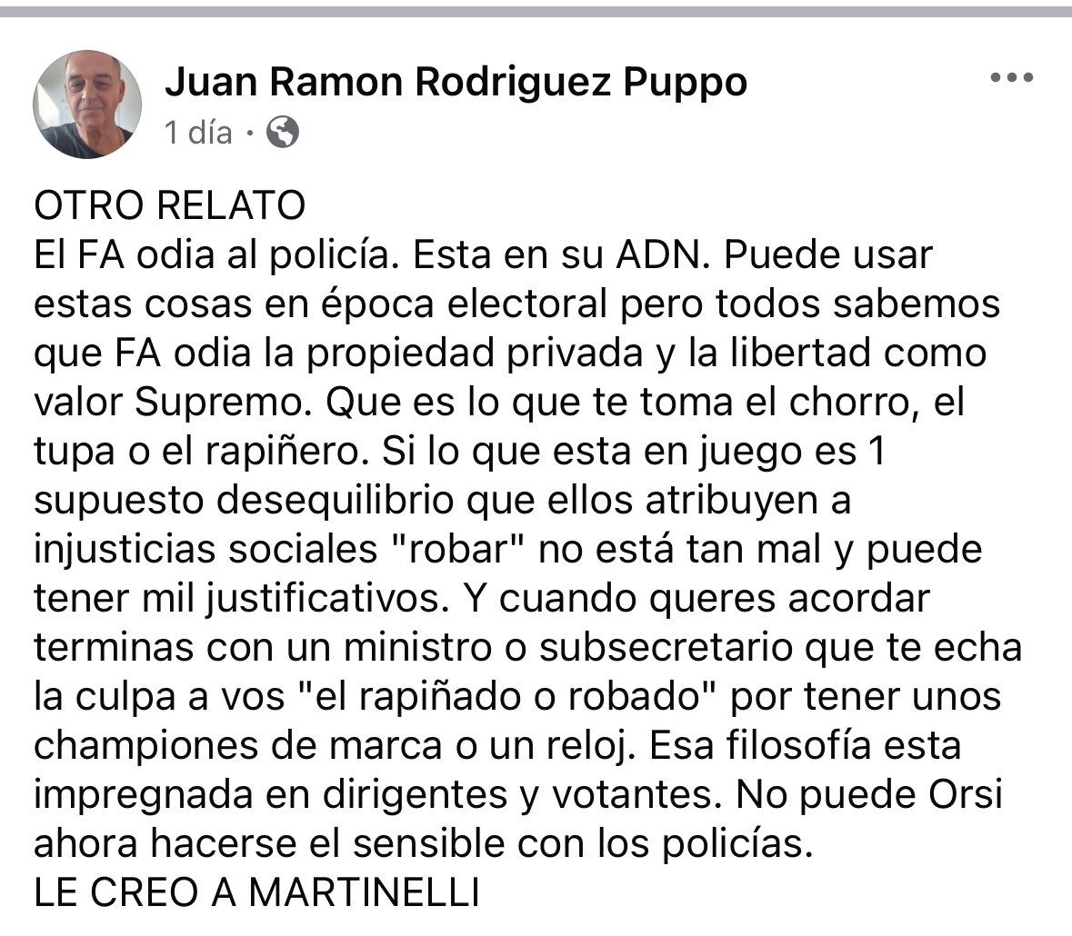Zamosc2022's tweet photo. “El FA ODIA A LA POLICIA”
“Está en su ADN. Puede usar estas cosas en época electoral pero todos sabemos que FA odia la propiedad privada y la libertad como valor Supremo”
                      Juan Rodríguez Puppo https://t.co/hf2BGf5Tbs