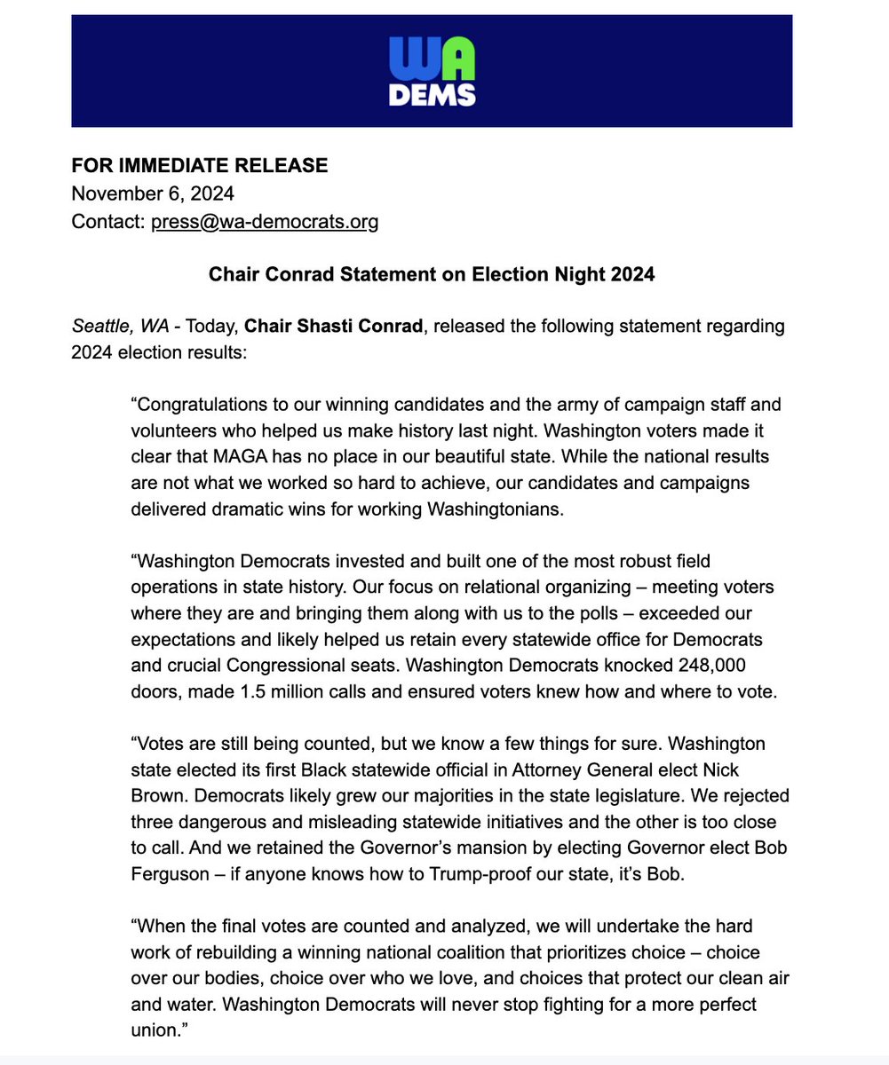 washdems's tweet photo. WA Democratic Party Chair @ShastiConrad released the following statement regarding the 2024 election results: https://t.co/mxszqnP7OK