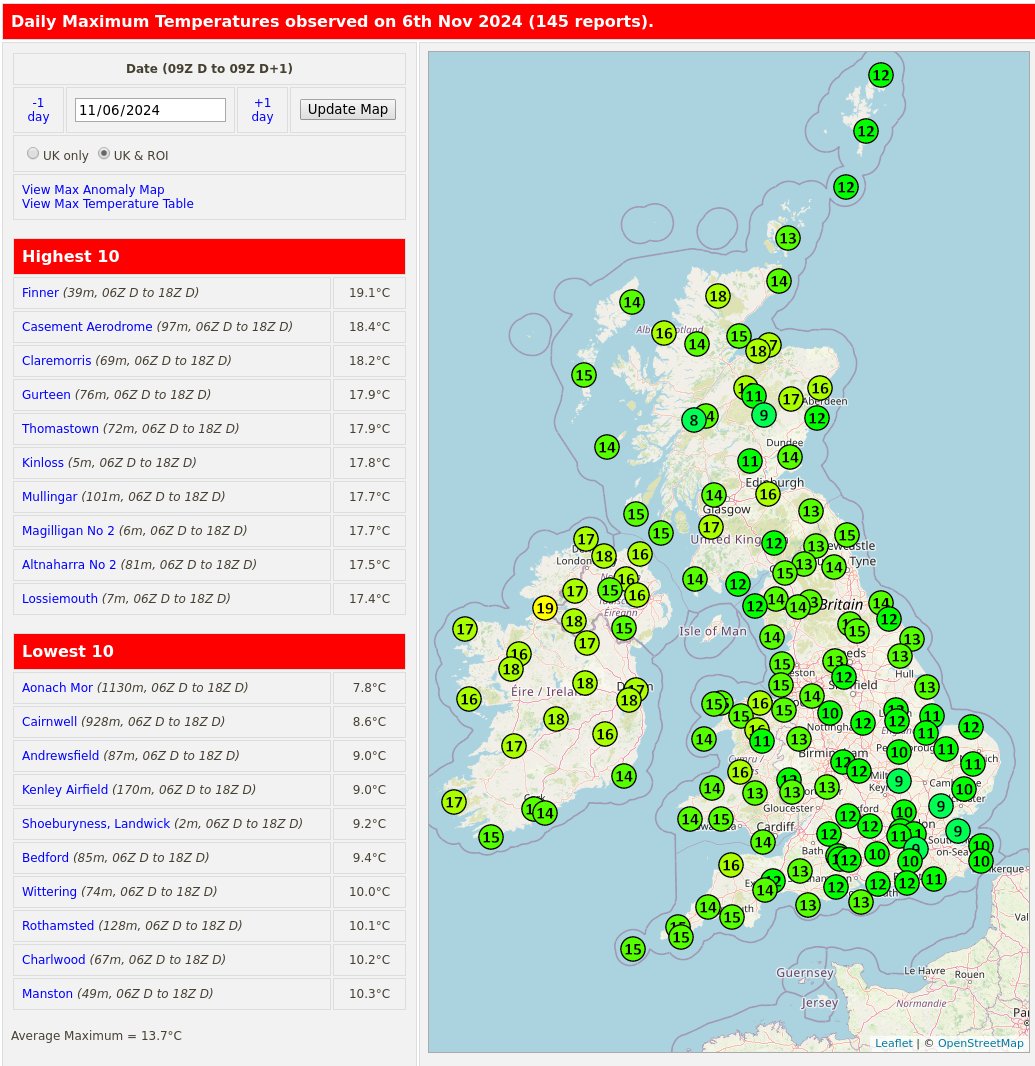 RoostWeather's tweet photo. Today's (6th November) maximum temperatures and anomalies (compared to '91-'20 average) from the 03xxx SYNOP sites.
#Finner was the warmest location with a max #temperature of 19.1C.
https://t.co/7GY90SRKE5 https://t.co/OKGCxhoLnL