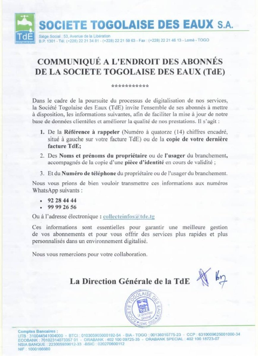 Accélération du processus de #digitalisation et de #dématérialisation des process à la #TdE, les clients invités à fournir des données complémentaires.
#Eaupourtous
#Servicesdigitaux
<a href="/eau_tg/">Ministère de l’Eau et de l’Assainissement</a> <a href="/laTdE_SA/">TdE Officiel</a> <a href="/SPEAU2/">SP-EAU Officiel</a>