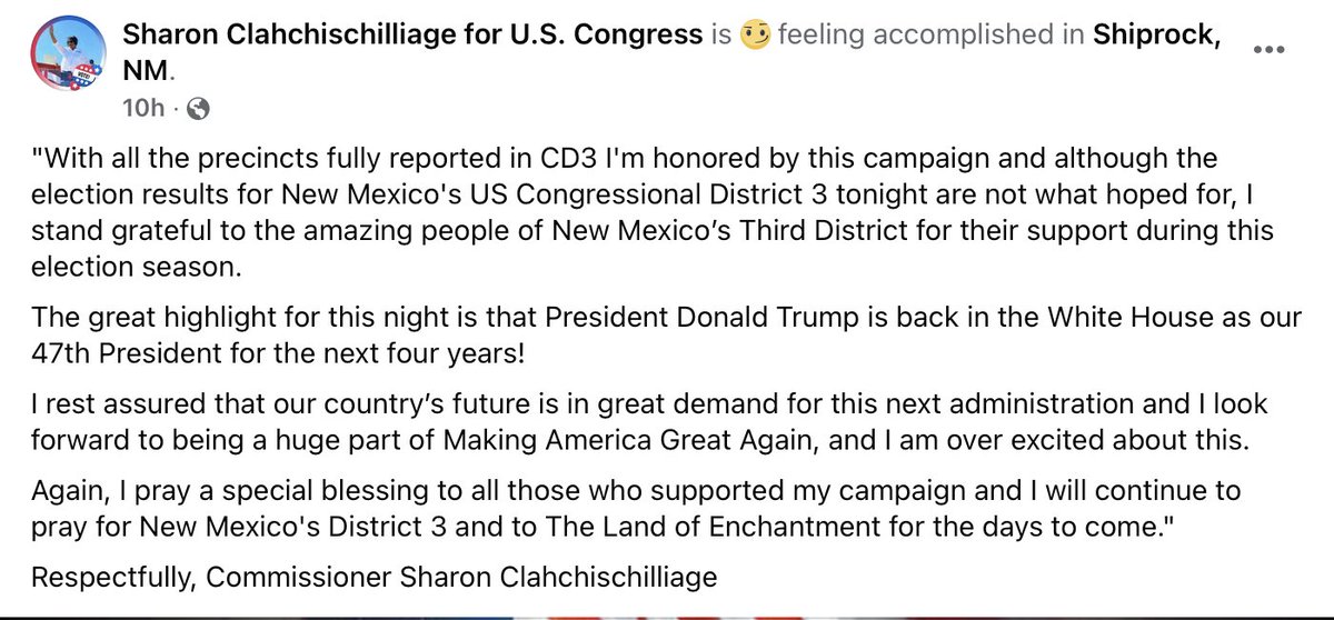 indianz's tweet image. Sharon Clahchischilliage, citizen of Navajo Nation, concedes race in New Mexico's 3rd Congressional District. The Republican candidate also congratulated Donald Trump on his White House win. #NativeCongress #NativeVote