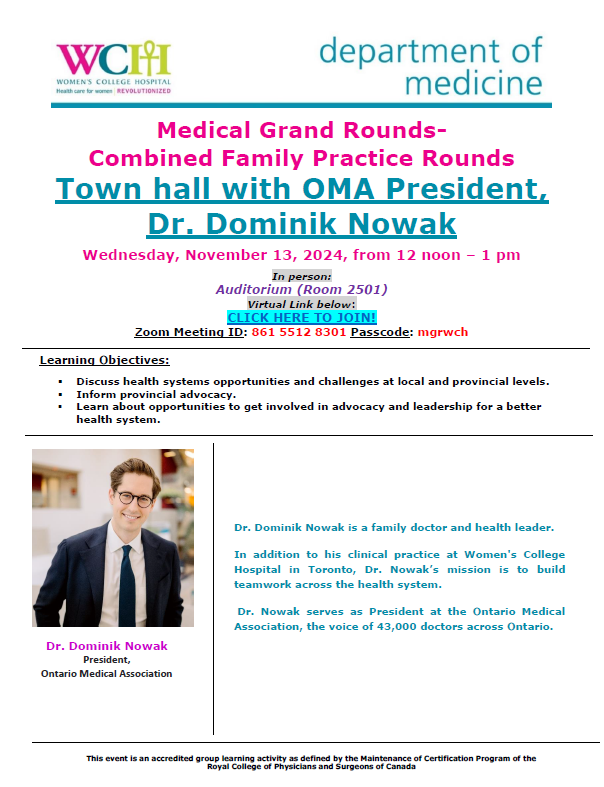 WCH Med Grand Rounds (@wchmgr) on Twitter photo Join us for Combined FP rounds on Nov 13, 12-1 pm for a Town Hall with the OMA president <a href="/DominikNowakMD/">Dr. Dominik Nowak</a>. Join us for Combined FP rounds on Nov 13, 12-1 pm for a Town Hall with the OMA president <a href="/DominikNowakMD/">Dr. Dominik Nowak</a>.