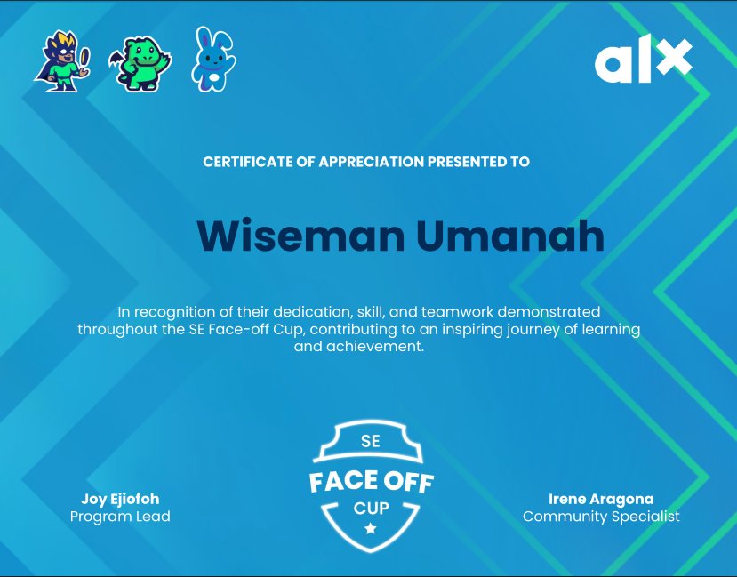 0xwisemanumanah's tweet photo. Just received my certification for participating in the #SoftwareEngineering Face Cup by @ALX_SE! 🚀 A huge learning experience and a great opportunity to challenge myself. Excited to keep growing and pushing the boundaries of software engineering!
#SEFaceOffCup #Teamwork https://t.co/S6tktmBBhC