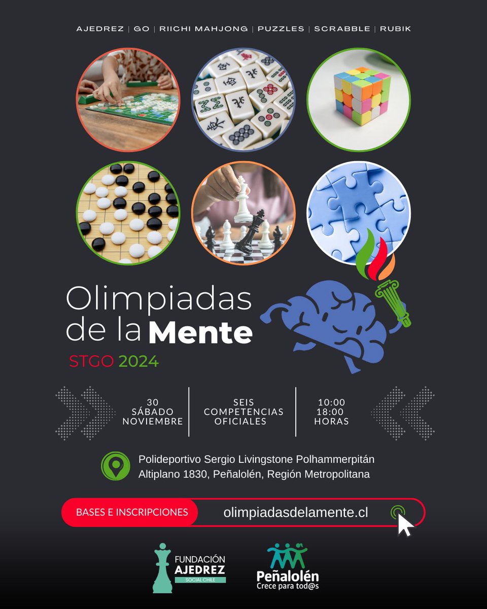 fechgo's tweet image. Estimados jugadores, los queremos invitar al Torneo de Go a realizarse en la tercera edición de las Olimpiadas de la Mente, juntos con deportes como Ajedrez, Mahjong, Scrabble, Puzzles y Rubik.
Noticia completa en: igochile.cl