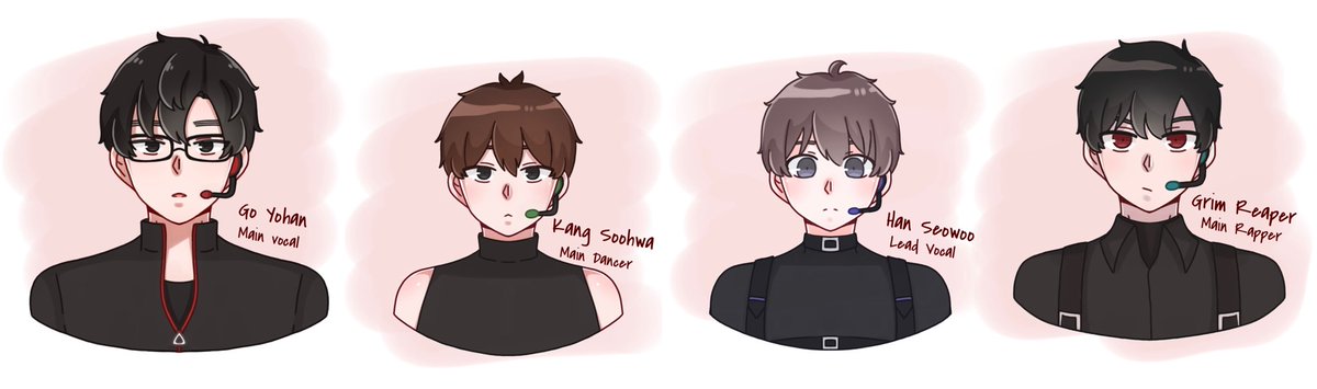 GreenbeanCoser's tweet photo. I drew a cross-over idol group which have Yohan (Main Vocal), Soohwa (Main Dancer), Seowoo (Lead Vocal) and Grim Reaper (Main Rapper) 😽 Yohan with his deep voice could do well as the main vocalist and make the fans go crazy 🔥 @KER_NIM #sign #onesummerday https://t.co/xnEJOirbYi