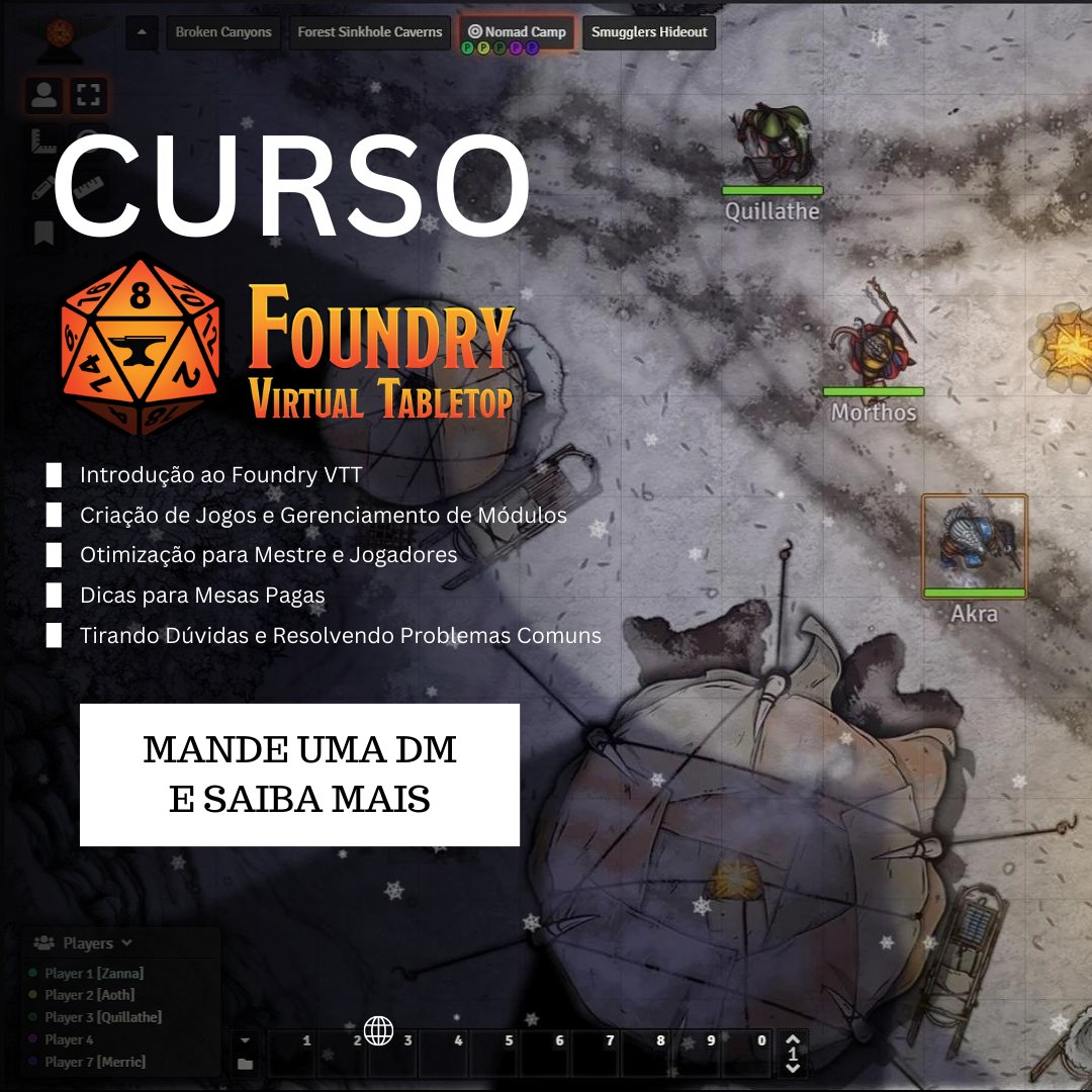 Galera que quer começar a usar ou aprender alguns macetes de Foundry, mande uma mensagem e vamos marcar um dia de curso.

Eu narro RPG a mais de 30 anos, tenho algumas mesas onlines e atualmente tenho mesas semanais pagas. 

Bora ganhar XP?

#rpgdemesa #rpgbrasil
