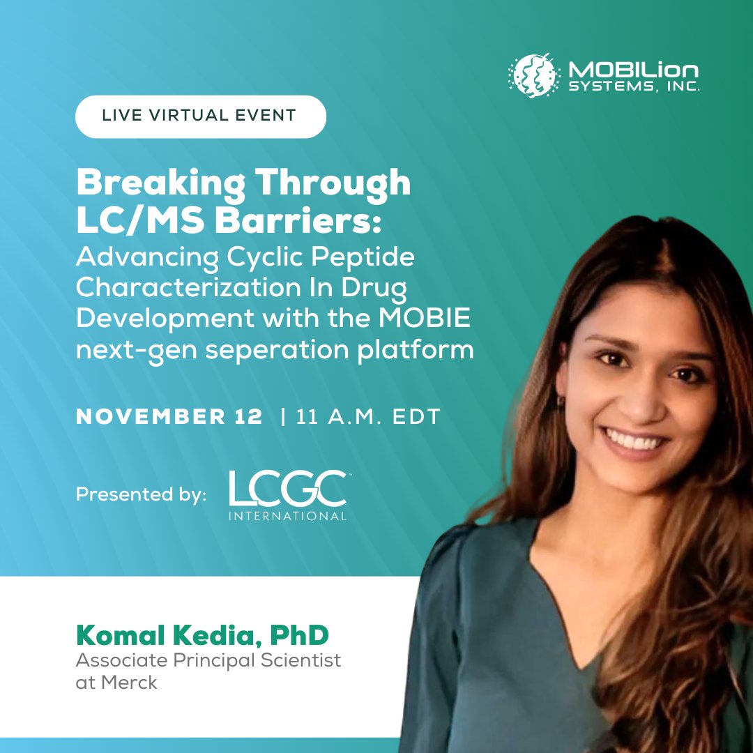 Traditional methods of cyclic peptide analysis miss critical soft spots that can derail drug development. 
Join <a href="/KomalKedia8/">Komal Kedia, PhD</a> to see how MOBIE achieves faster analysis with better resolution, revolutionizing how we detect these challenges early.
Register: hubs.ly/Q02X9P7T0
