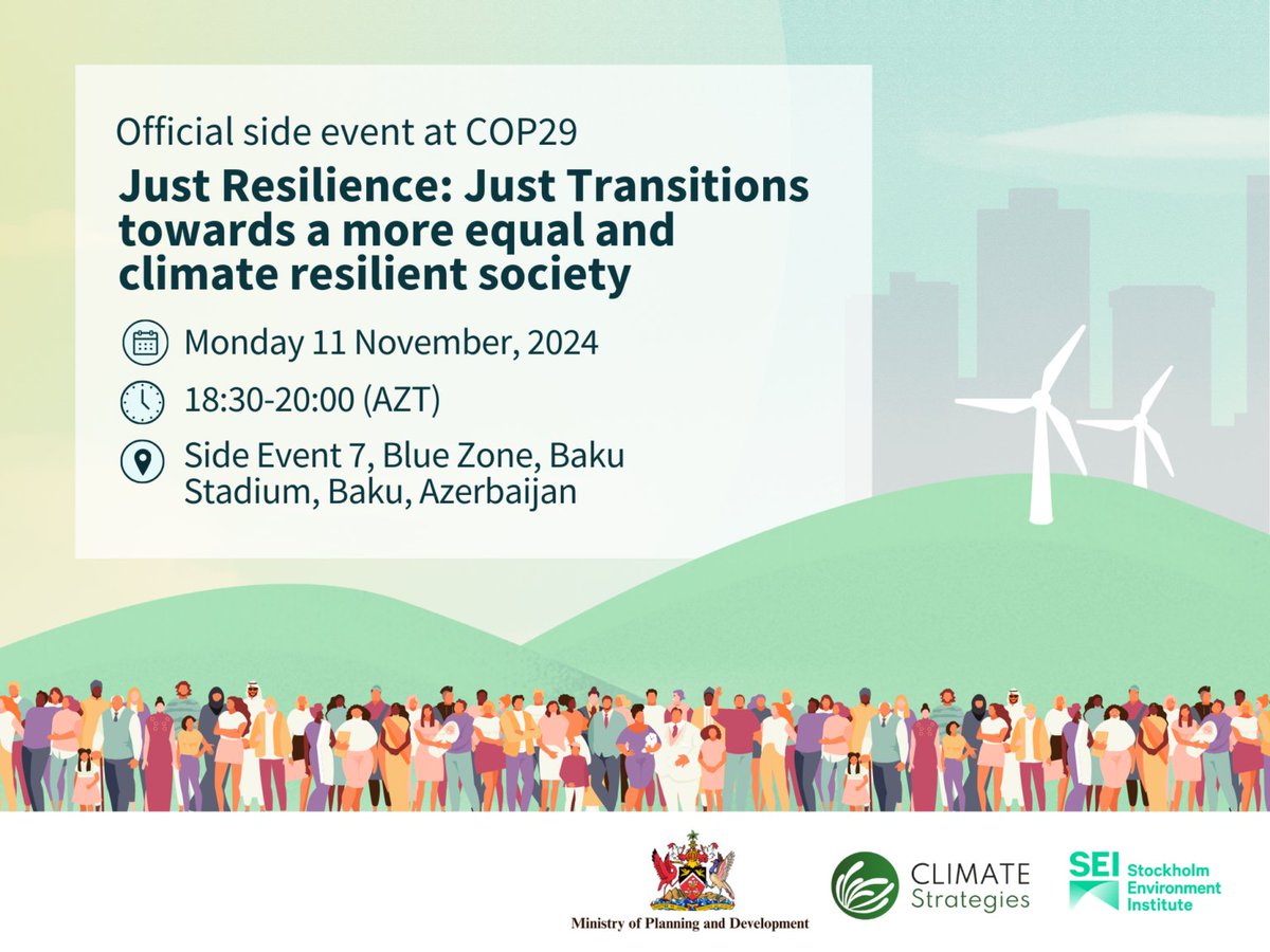 Are you attending #COP29? Be sure to join our official side event on November 11th! 🌍

Speakers will explore how Just Resilience can support National Adaptation Plans, the Global Goal on adaptation and the Just Transition Work Programme.

Register now:
climatestrategies.org/event/just-res…