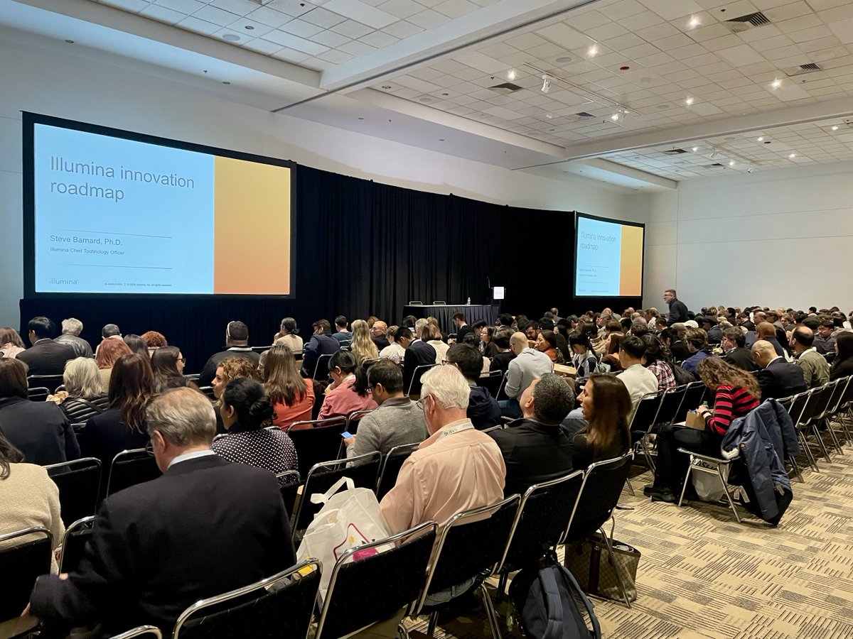 illuminaLive's tweet photo. Packed house at our Industry Education Session happening now at #ASHG24. Preview our latest advancements in #NGS and multiomics, including our groundbreaking constellation mapped read technology!  Be sure to stop by booth 503 to learn more if you can't make it. 🧬 https://t.co/TXEqJjhKYd