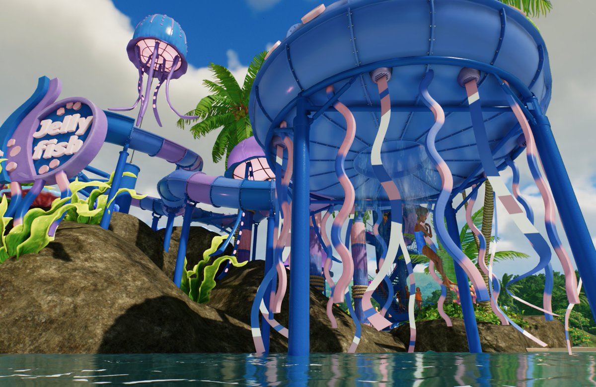 FlossCotton1's tweet photo. First go at building something in #PlanetCoaster2!  Four hours in and I present, Jellyfish! A body slide with jellyfish themed exit bowl. @PlanetCoaster it's very fun, thank you ❤️🪼🪼 https://t.co/Z6uctoYFZS