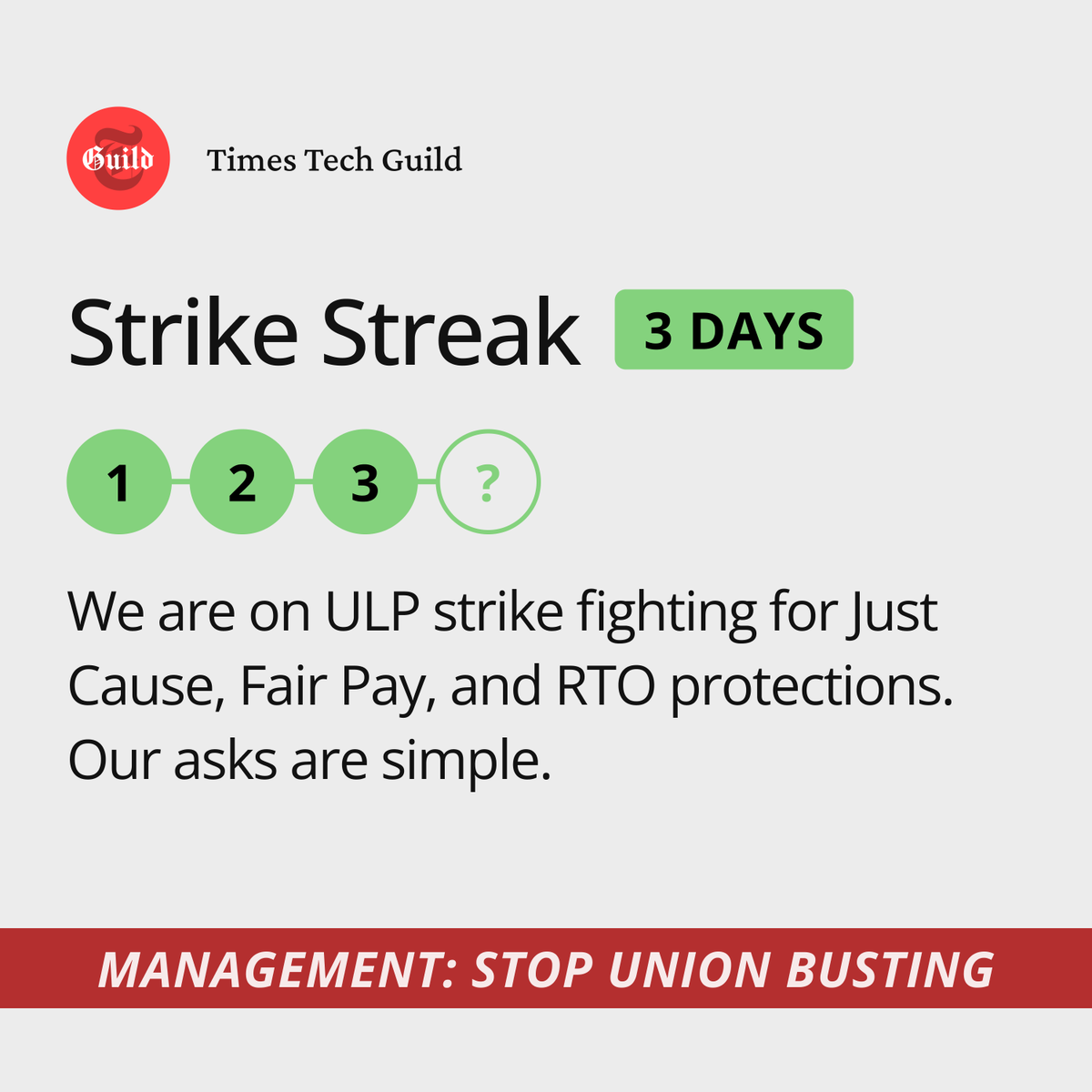 NYTGuildTech's tweet photo. Day 3 of our ULP strike and we are so grateful for all the folks standing with us, boycotting @NYTGames. You've got a new streak to celebrate.

#SolidarityStreak #BreakYourStreak https://t.co/8RIK3vEI4m