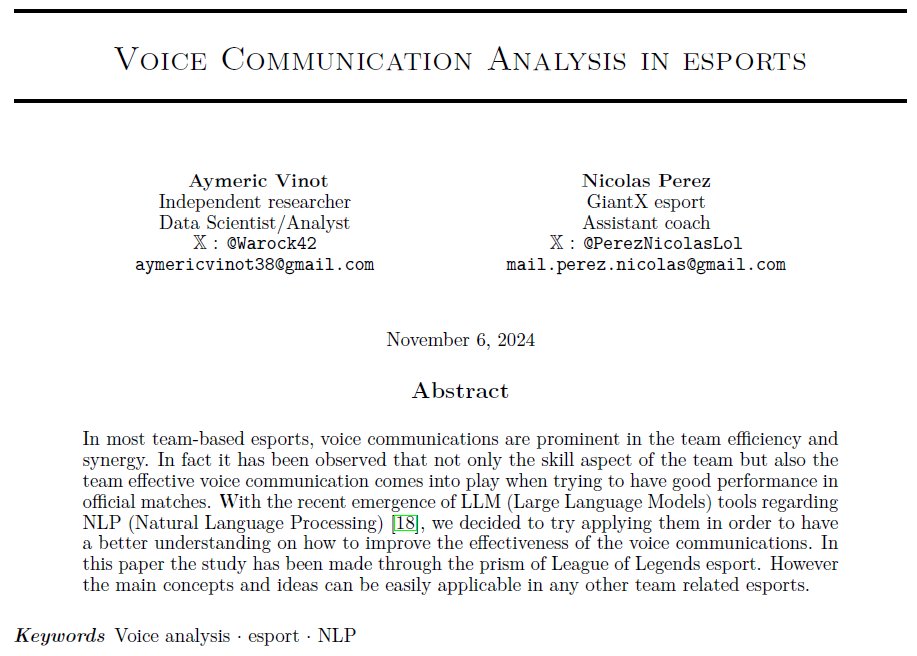 Presenting AI-driven Voice Analysis in Esport 🔊:

After a continued work of 6 months - 1 year with <a href="/PerezNicolasLol/">Nicolas Perez 🍓</a>, we are proud to present some NLP - based techniques to construct metrics about voice communication effectiveness in Esport.

- THREAD -
1/3