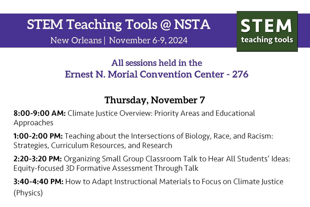 Philip Bell (@philiplbell) on Twitter photo For those attending #NSTAFall24, welcome to New Orleans! The <a href="/UW/">University of Washington</a> research team is running a broad range of sessions over the next 3 days in the <a href="/STEMTeachTools/">STEM Teaching Tools</a> Room (Conv Ctr 276). Come join us for these tomorrow/Thurs!
Full <a href="/STEMTeachTools/">STEM Teaching Tools</a> Schedule…
➡️ my.nsta.org/conferences/se… For those attending #NSTAFall24, welcome to New Orleans! The <a href="/UW/">University of Washington</a> research team is running a broad range of sessions over the next 3 days in the <a href="/STEMTeachTools/">STEM Teaching Tools</a> Room (Conv Ctr 276). Come join us for these tomorrow/Thurs!
Full <a href="/STEMTeachTools/">STEM Teaching Tools</a> Schedule…
➡️ my.nsta.org/conferences/se…