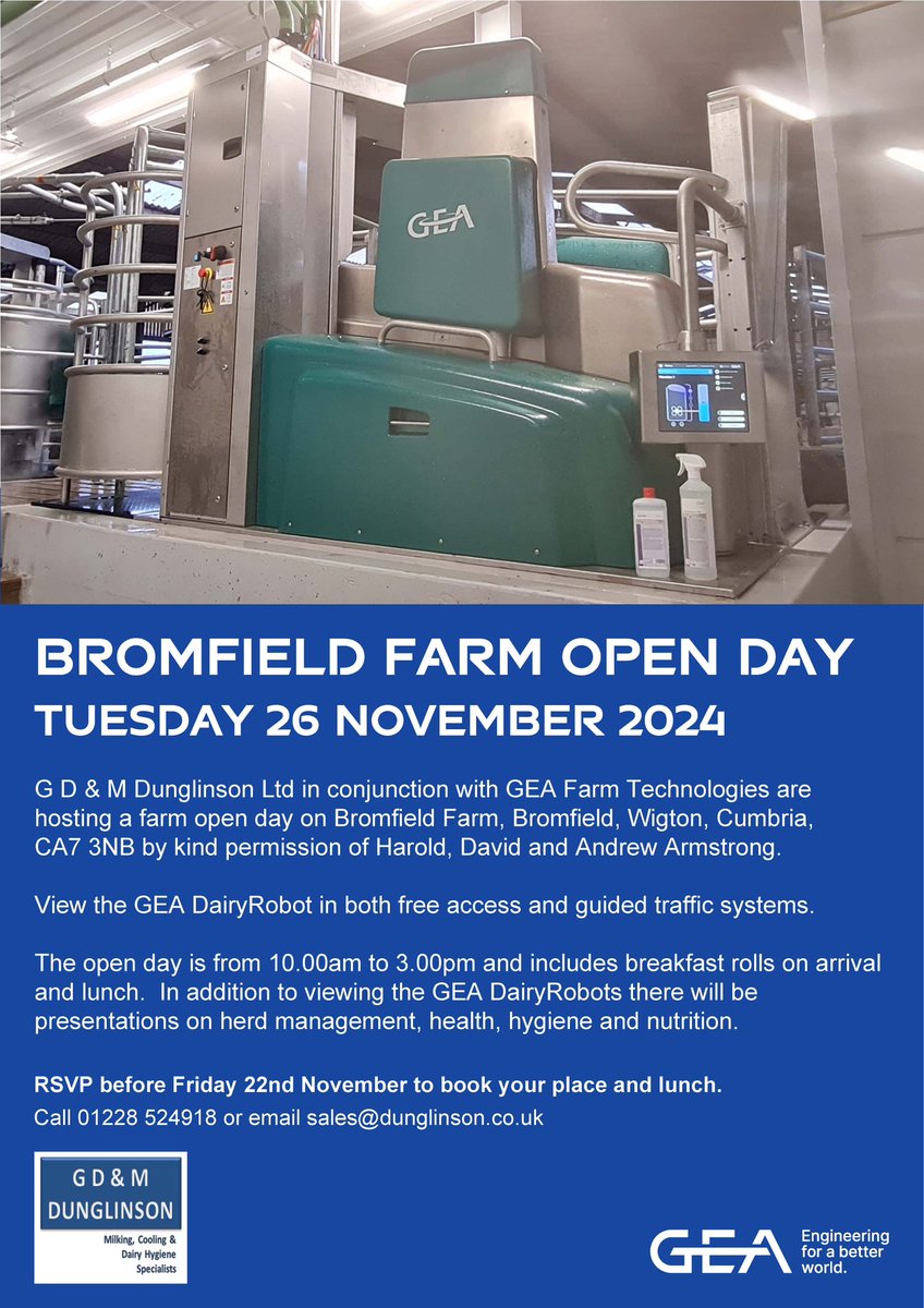 dunglinsons's tweet photo. 📢 G.D &amp; M Dunglinson in conjunction with GEA Farm Technologies are hosting a farm open day: 

Join us and view our 7 GEA R9500 Dairy Robots in action along with some very unique bespoke features we have to offer!

RSVP before Friday 22nd November: Details below 👇🏻 https://t.co/2E9jadIJ8U