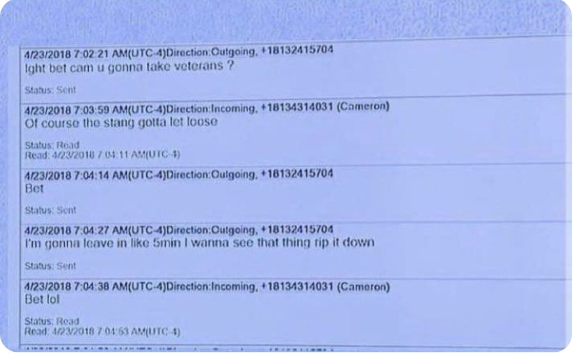 This conversation was used against Cameron herrin in court on April 23, 2018, and the incident happened on May 23, 2018. It's 11:42 am and these messages were at 7:04, I mean the evidence they used against Cameron was fake evidence  pic.x.com/05xRYoOC8A.