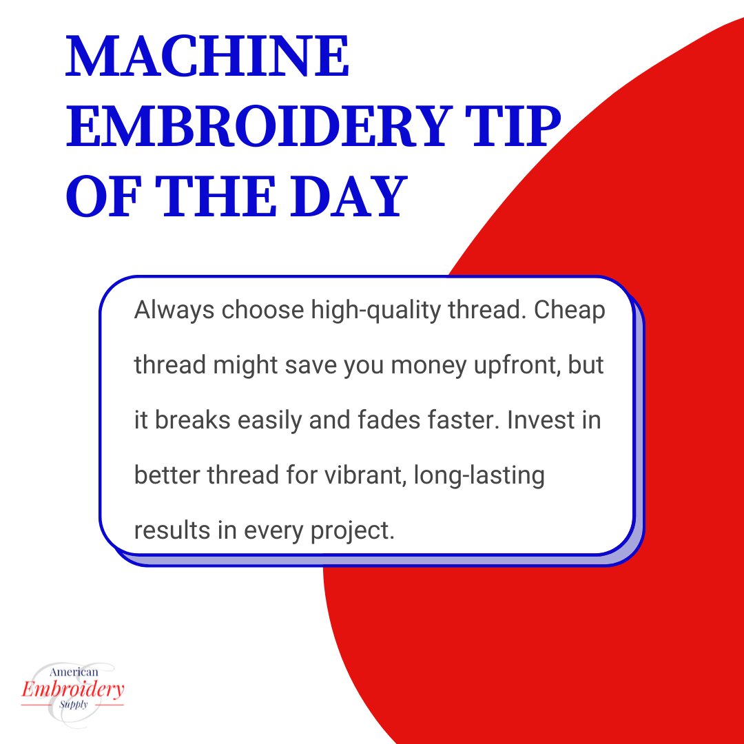 americanembsup1's tweet image. Embroidery Tip of the Day: Don’t skimp on thread! Cheap thread breaks easily and fades fast. Invest in high-quality thread for vibrant, long-lasting designs every time. #EmbroideryTip #CraftSmart #QualityMatters