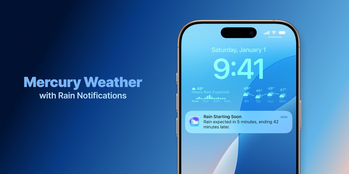 mercuryweather's tweet image. Mercury 2.8 is out!

This update adds one of our most requested features: Weather Notifications 🔔

This version also introduces an all-new large widget and a bunch of other improvements across the board!