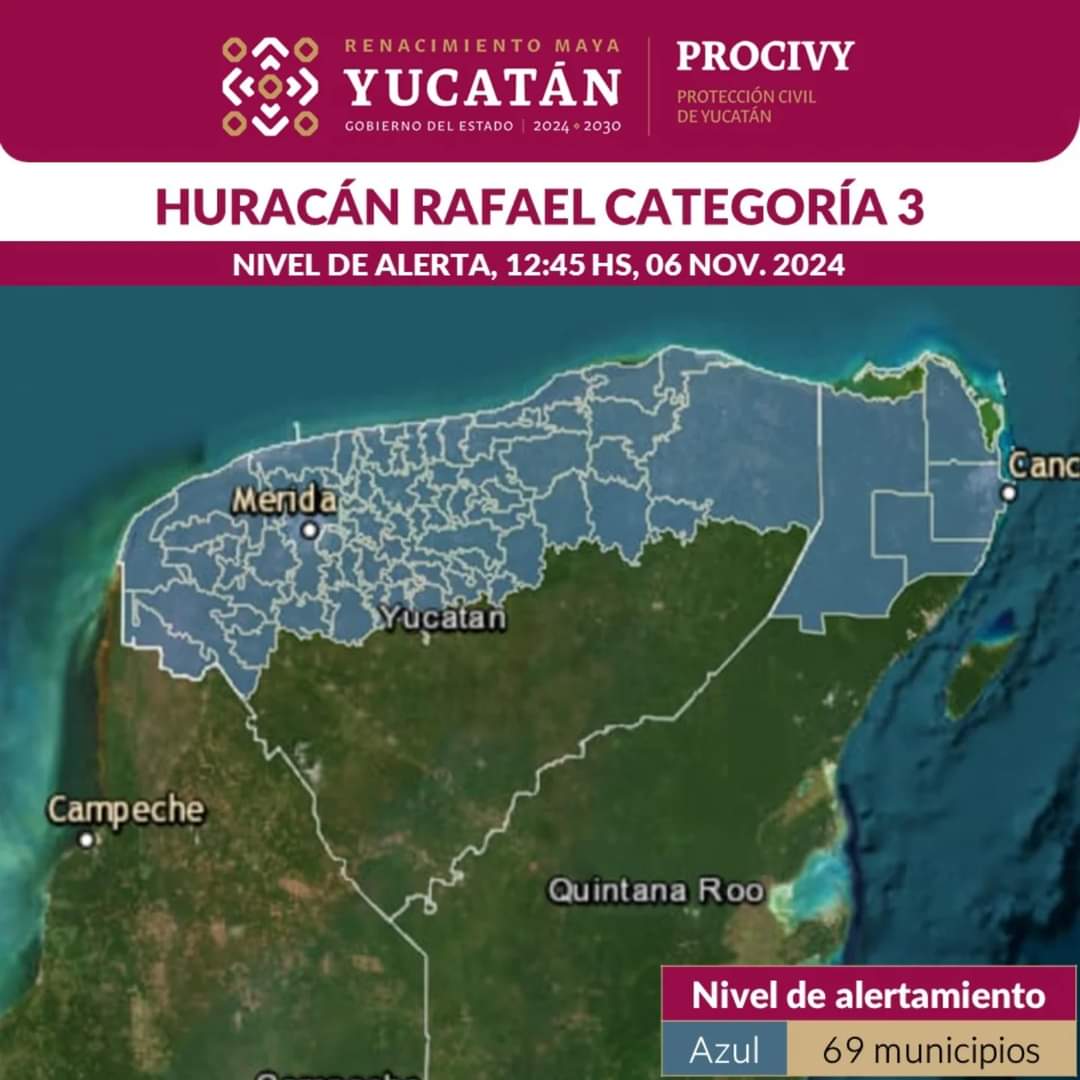 🔵 ALERTA AZUL EN YUCATÁN POR HURACÁN RAFAEL. ⚠️

Ante la trayectoria del huracán Rafael, categoría 3, Protección Civil ha establecido alerta azul Para 69 municipios de Yucatán.

Asimismo, se pide a la población mantenerse informada y tomar precauciones.