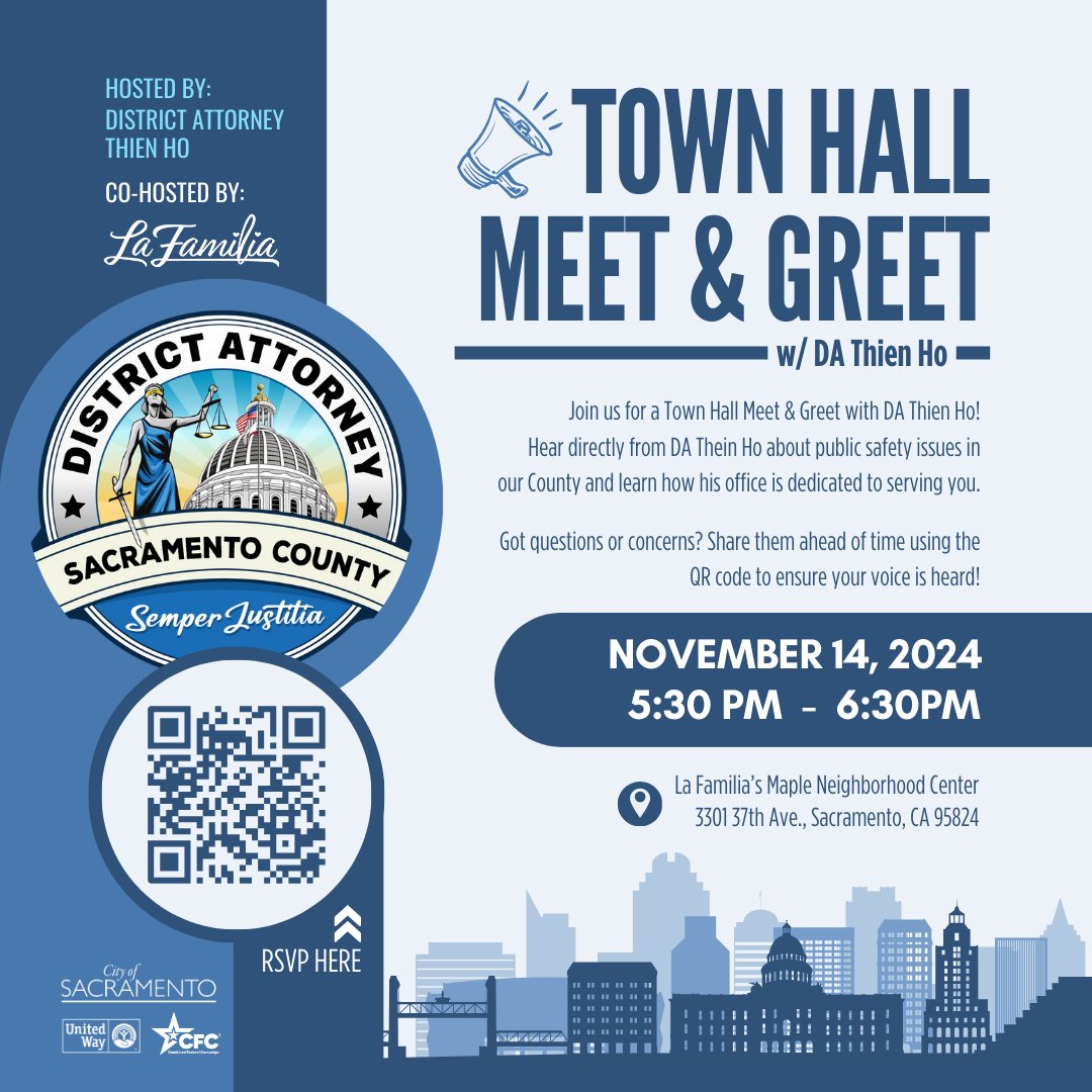 Sacramento County DA (@saccountyda) on Twitter photo đŁ Join Us for a Community Town Hall! đŁ
Come connect with Sacramento County District Attorney Thien Ho and our co-host, <a href="/SacLFCC/">La Familia Counseling Center</a>! This Town Hall is your opportunity to engage directly with your community and hear from DA Thien Ho in person.
đ Date: November 14th
đ Time: 5:30 đŁ Join Us for a Community Town Hall! đŁ
Come connect with Sacramento County District Attorney Thien Ho and our co-host, <a href="/SacLFCC/">La Familia Counseling Center</a>! This Town Hall is your opportunity to engage directly with your community and hear from DA Thien Ho in person.
đ Date: November 14th
đ Time: 5:30