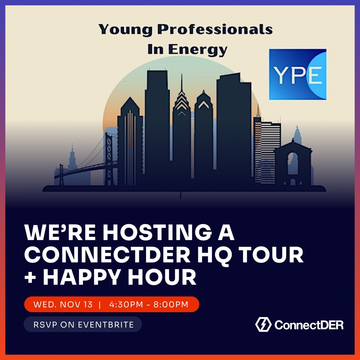 connectder's tweet image. 🎉Calling all Young Professionals in Energy!🎉Meet us at ConnectDER HQ in South Philly on Nov 13 from 4:30-8pm for a facility tour followed by Happy Hour at Dock Street Brewery! Discover our role in the clean energy industry. RSVP for free. #connectDER #YPE #Philadelphia #network