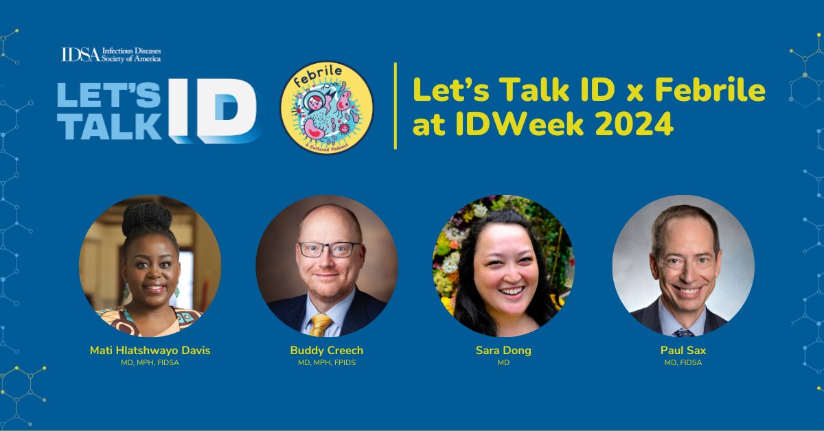 IDSA (@idsainfo) on Twitter photo Let's Talk ID x Febrile episode out now!
Recorded onsite at #IDWeek2024, the hosts of Let's Talk ID (<a href="/PaulSaxMD/">Paul Sax</a>, <a href="/MatiH_ID/">Mati Hlatshwayo Davis, MD, MPH, FIDSA</a>) and <a href="/febrilepodcast/">Febrile</a> (@swinndong) discuss the conference and opportunities to support ID workforce development.
Transcript: idsociety.org/multimedia/pod… Let's Talk ID x Febrile episode out now!
Recorded onsite at #IDWeek2024, the hosts of Let's Talk ID (<a href="/PaulSaxMD/">Paul Sax</a>, <a href="/MatiH_ID/">Mati Hlatshwayo Davis, MD, MPH, FIDSA</a>) and <a href="/febrilepodcast/">Febrile</a> (@swinndong) discuss the conference and opportunities to support ID workforce development.
Transcript: idsociety.org/multimedia/pod…