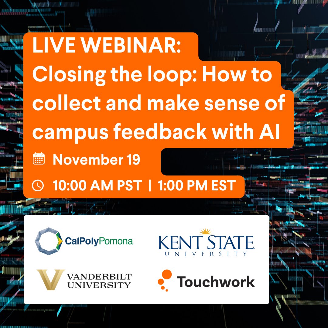 Touchwork's tweet photo. LIVE WEBINAR: Collect &amp; make sense of campus feedback with AI! Join us Nov 19 to see how Kent State, Vanderbilt and Cal Poly Pomona use real-time feedback, audits, &amp; AI to boost campus experiences &amp; operational efficiency.

🔗 Register: https://t.co/CQcY93ISCw https://t.co/5BQu5zX0Ph