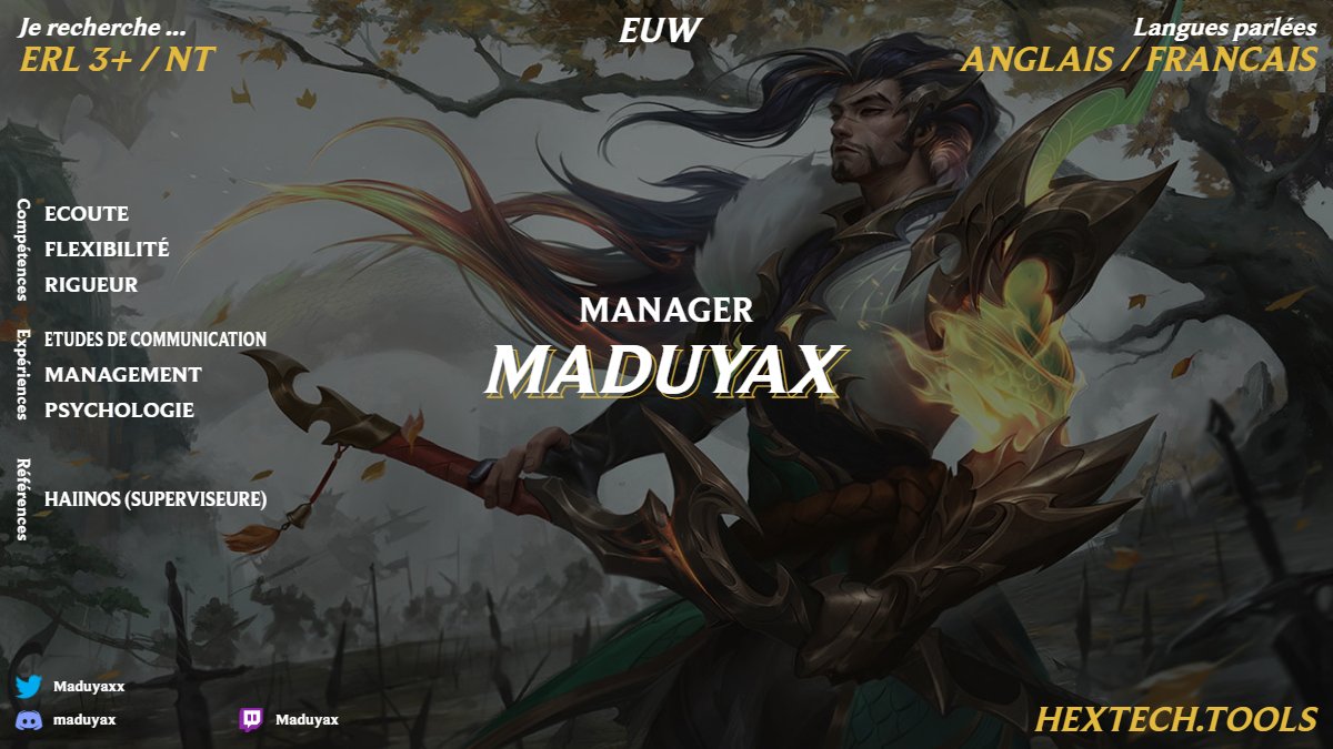 Après une longue attente je me lance enfin. 
Je suis désormais LFT pour un poste de Manager. 
Je recherche en ERL3+/MNT.
Mes DM et discord sont ouverts : maduyax
❤️&amp; 🔃 appréciés 
<a href="/Haiinos/">So</a> 🙏